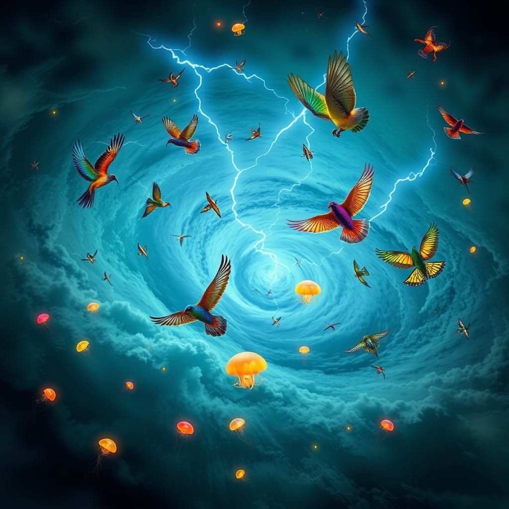 Vibrant Wildlife in Turbulent Storm Skies