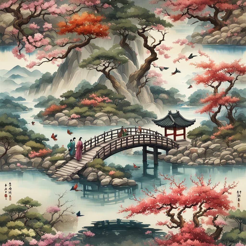 Korean Folk Art Landscape with Cherry Blossoms