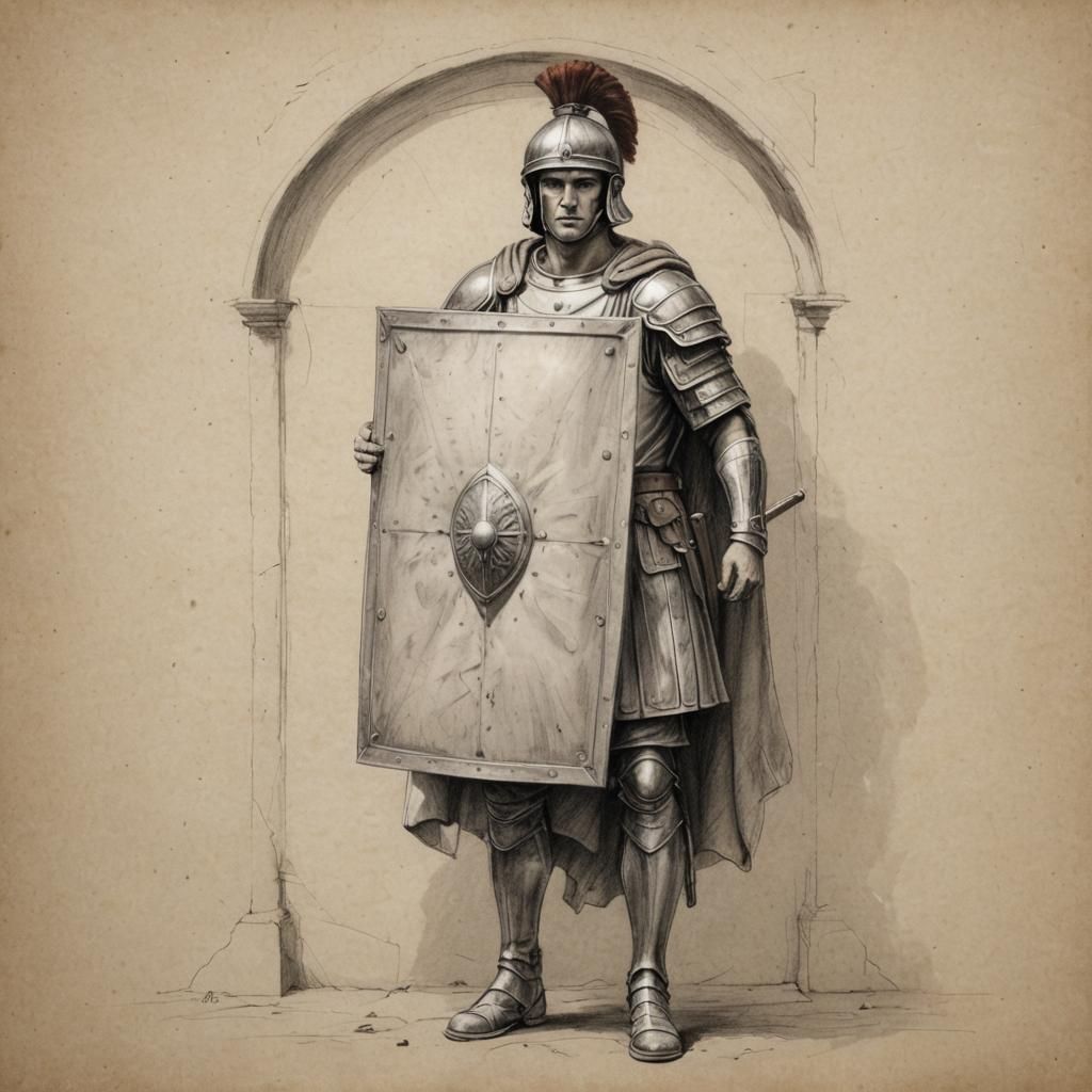 Roman Soldier Hidden Behind Shield, Pencil Sketch
