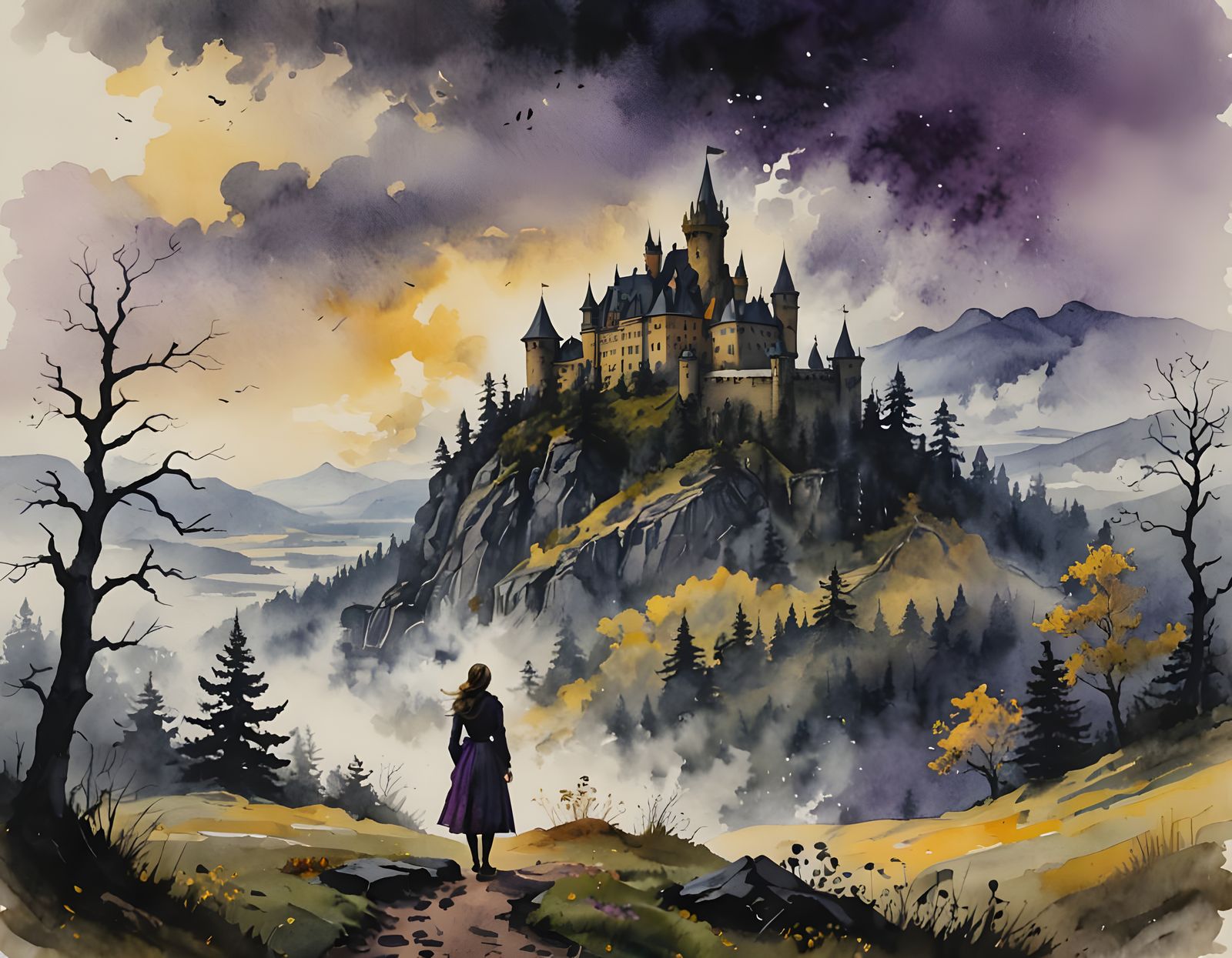 Eerie Watercolor Castle Landscape with Traveler