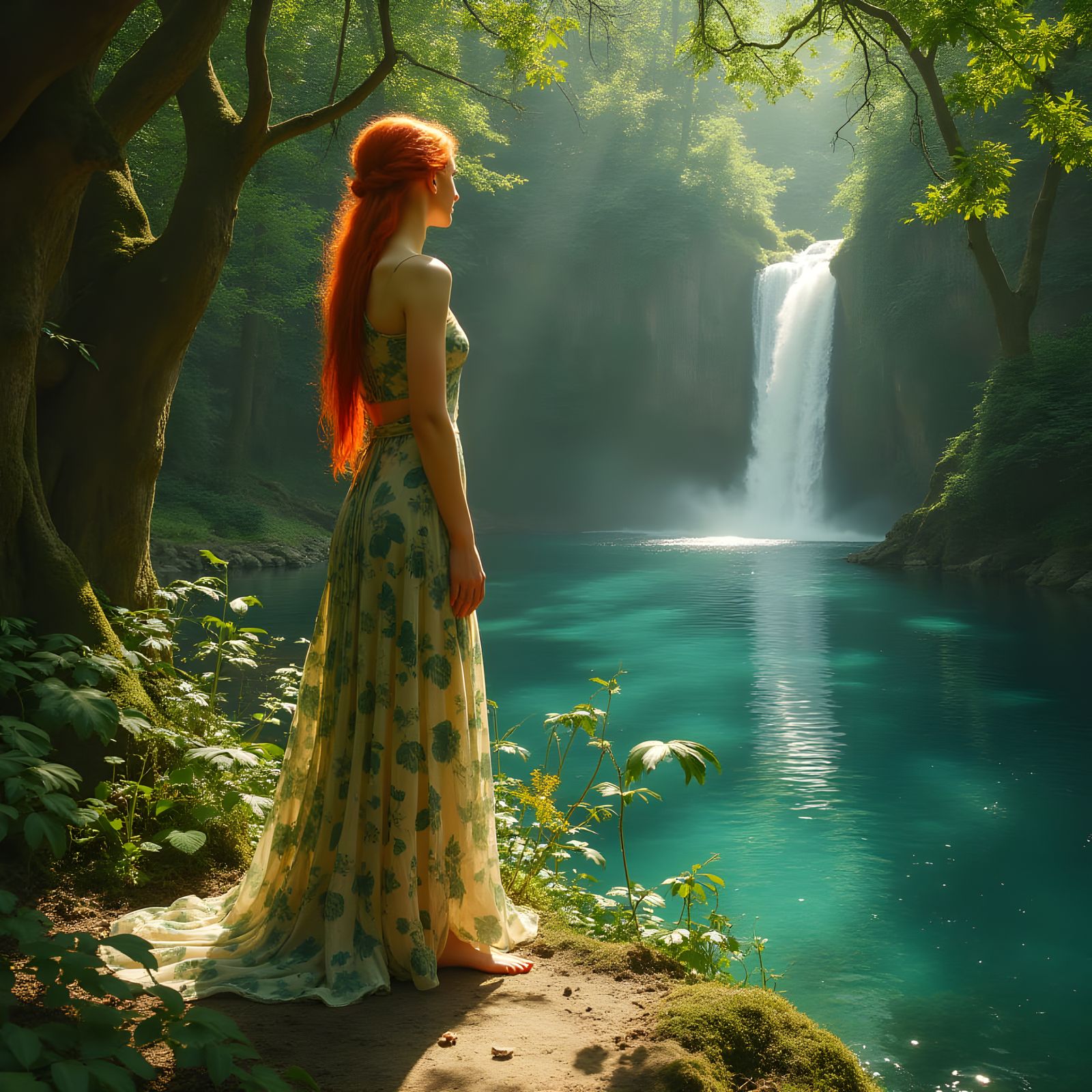 Red-Haired Woman at Ancient Forest Edge in Art Nouveau