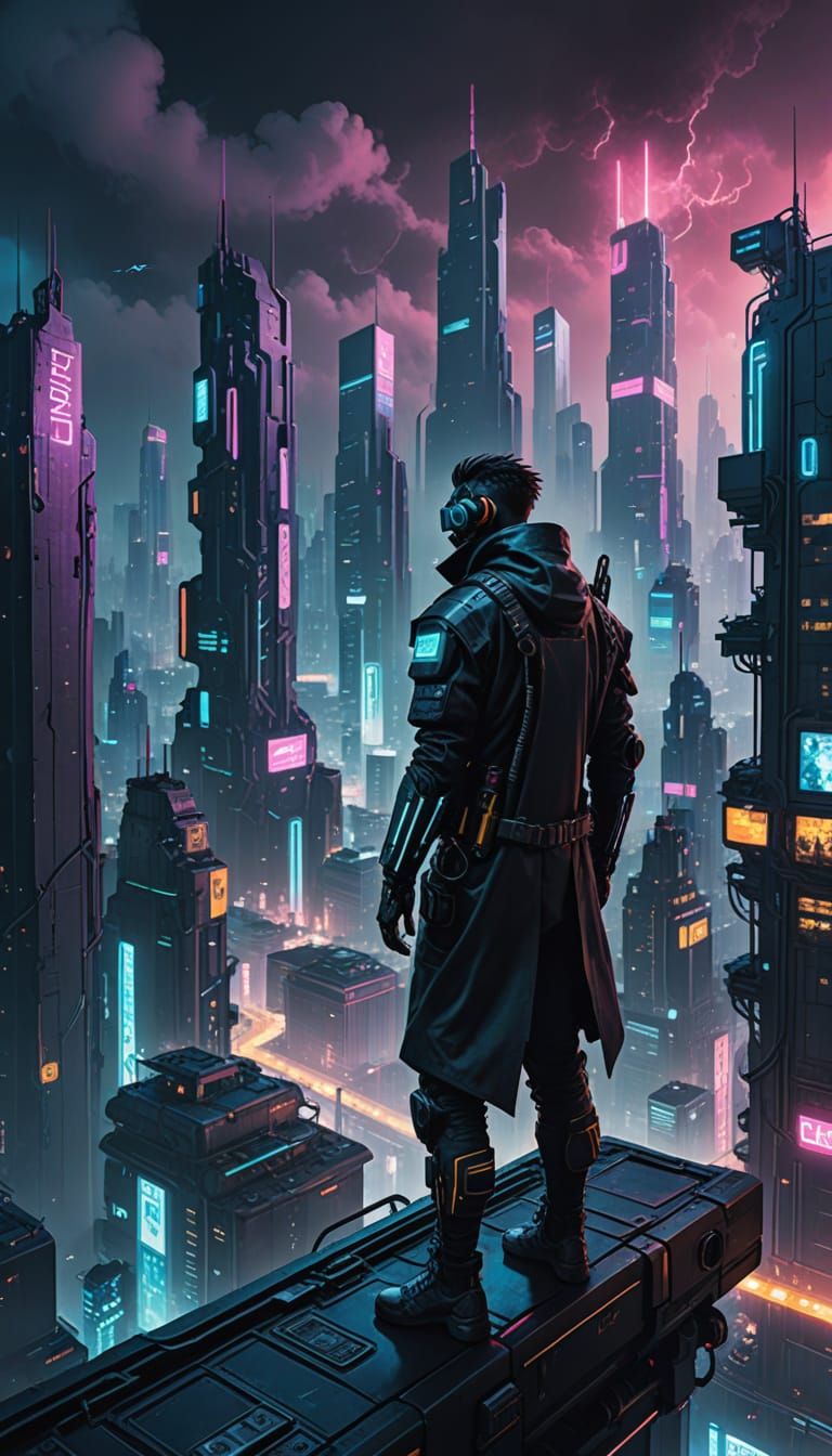 Cyberpunk Cityscape at Night, with Flying Vehicles and a Lon...