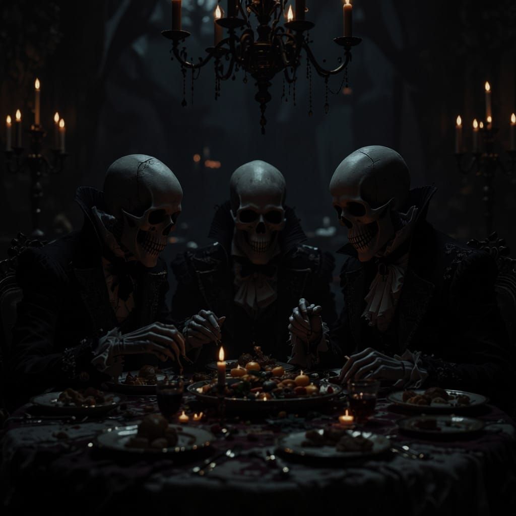 Dark Skeletons Depicting Gluttony Allegory