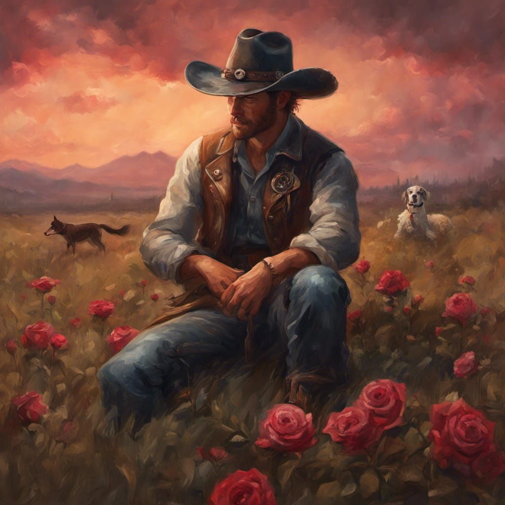 Cowboy with Dog in Field: Oil Painting