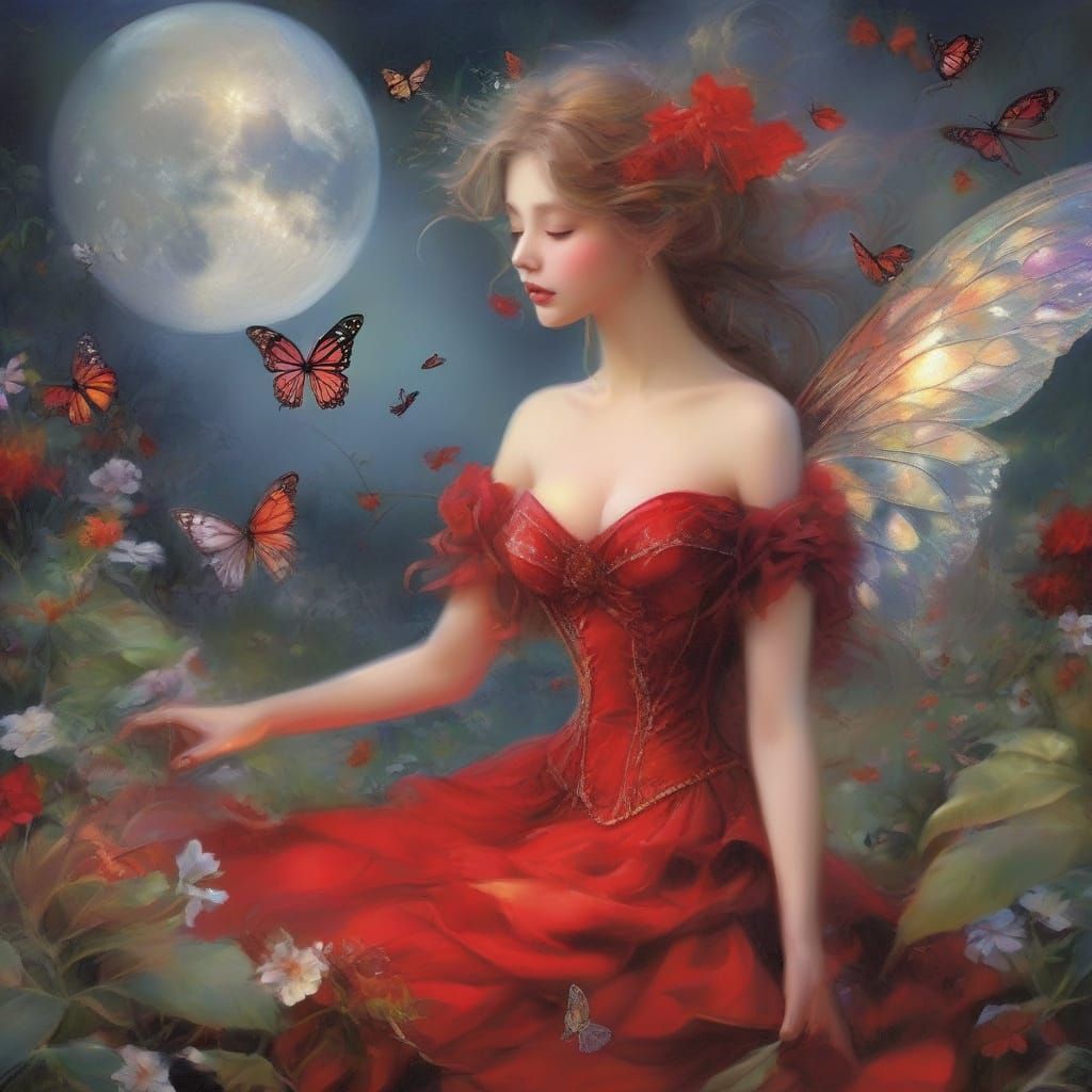 Fairy Dancing in Moonlit Garden with Flames