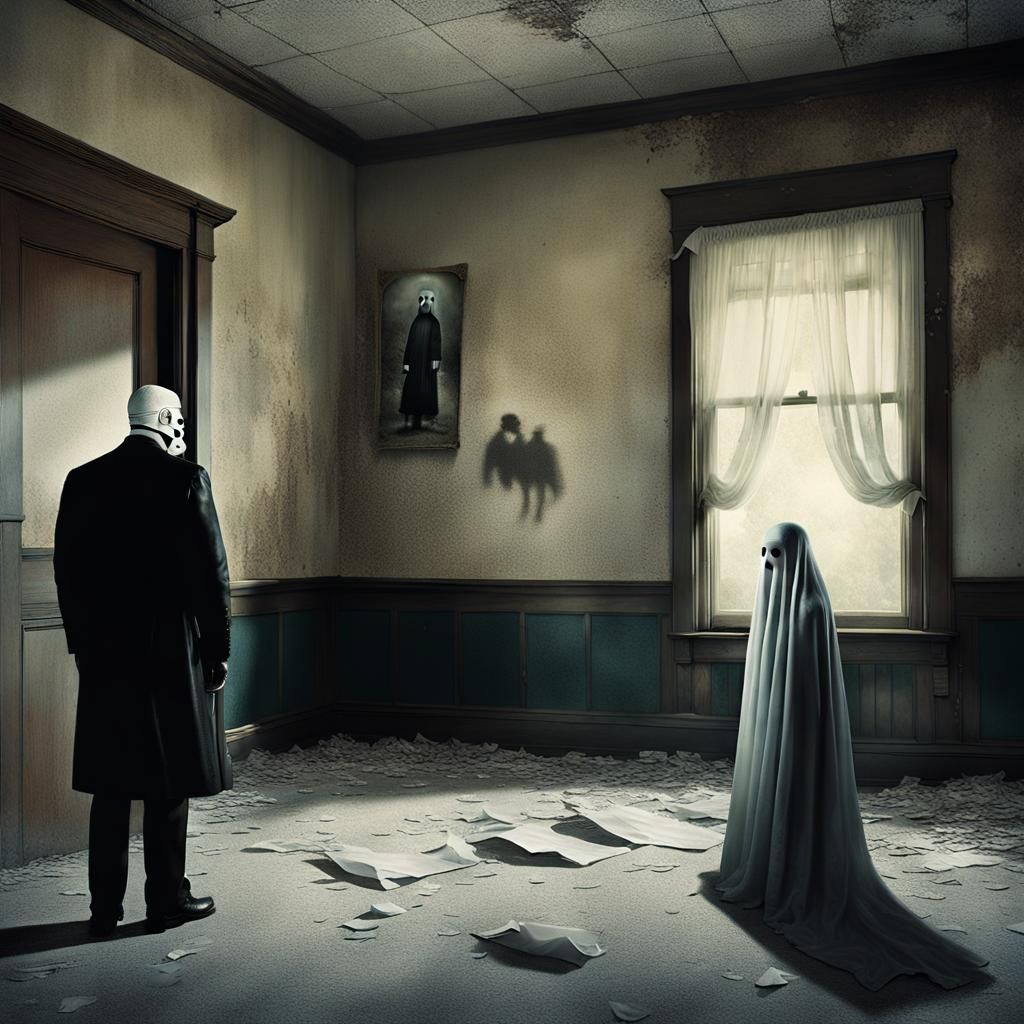 Giant Masked Man and Tiny Ghost Photograph