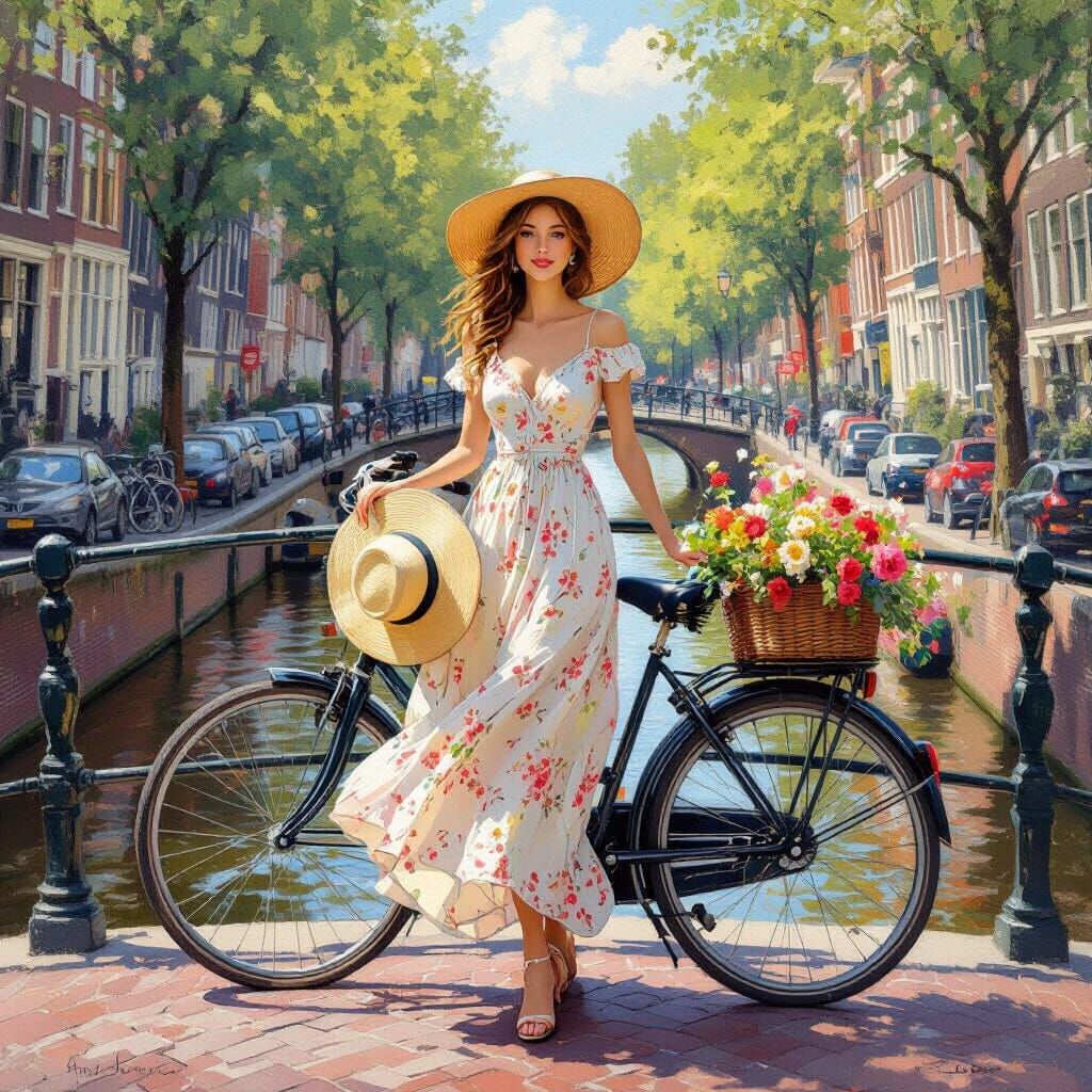 Amsterdam Woman with Flower Bicycle, Impressionist Style
