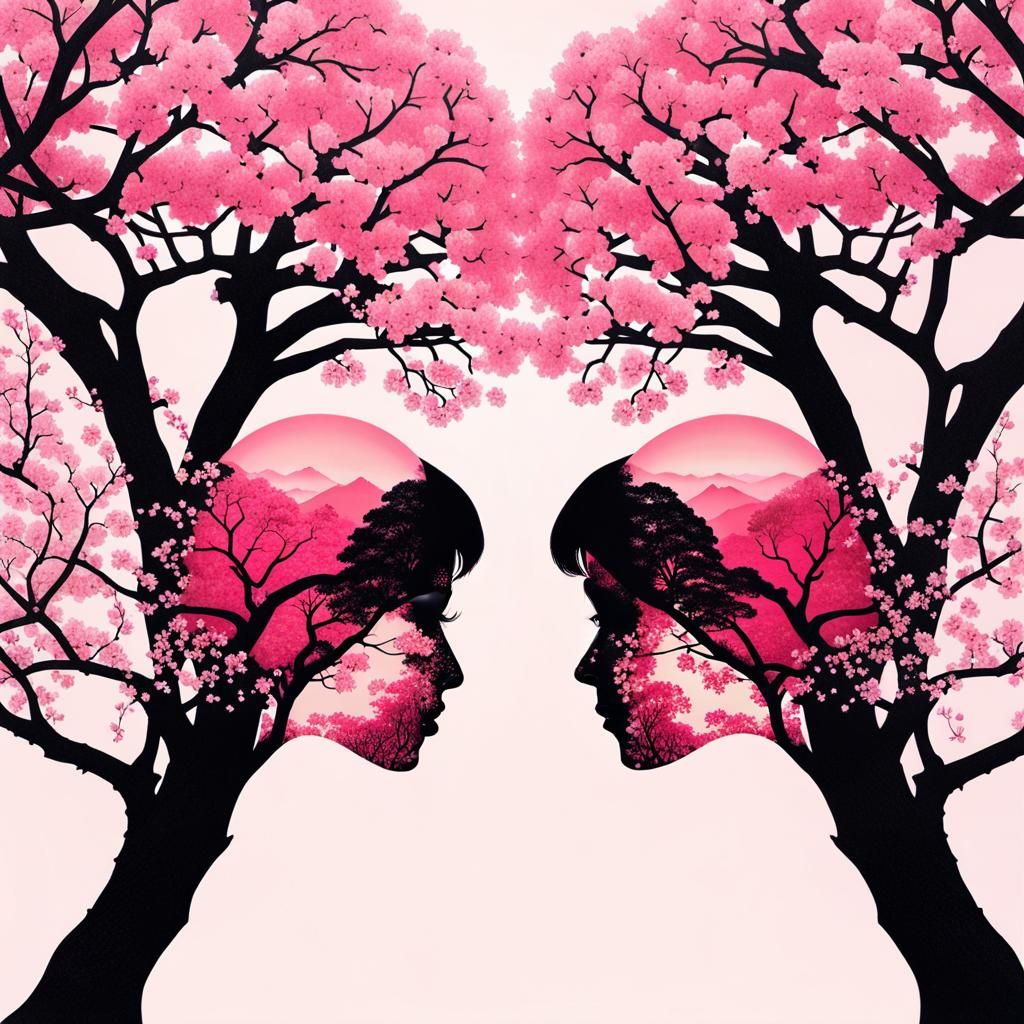 Double Exposure Portrait with Sakura Trees