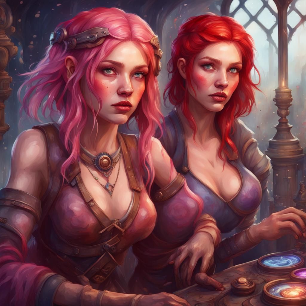 Pink and Red Haired Gamers in Watercolor Style