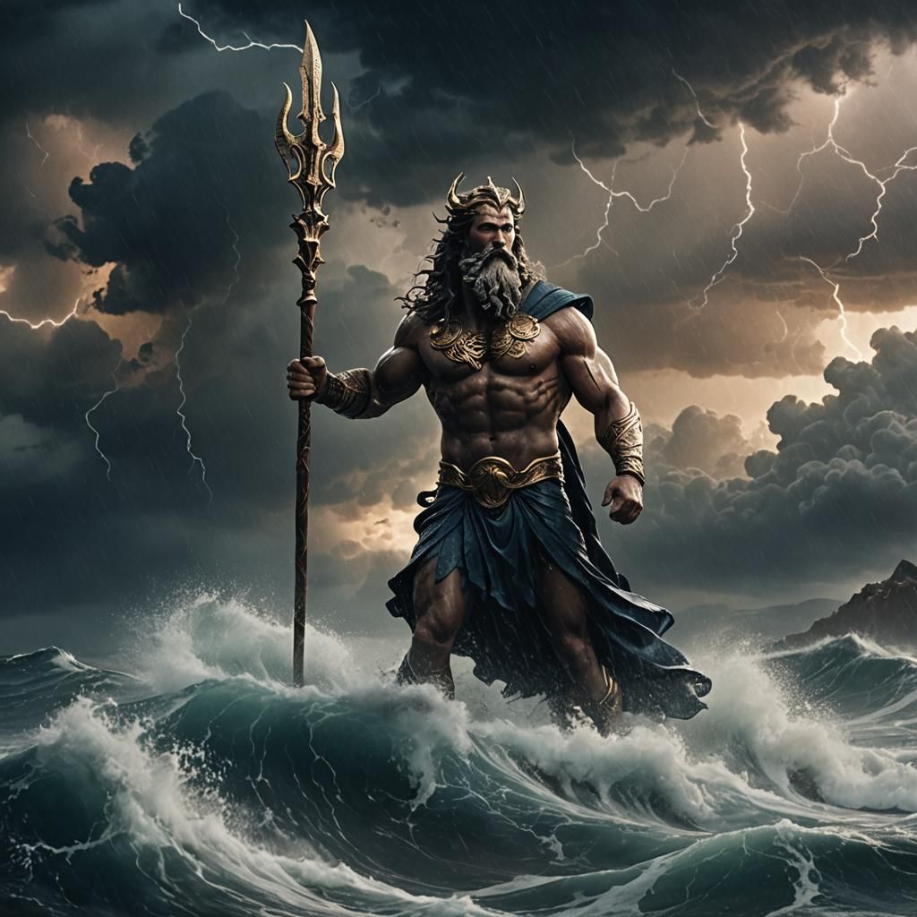 Poseidon in Ocean Thunderstorm, Cinematic Still