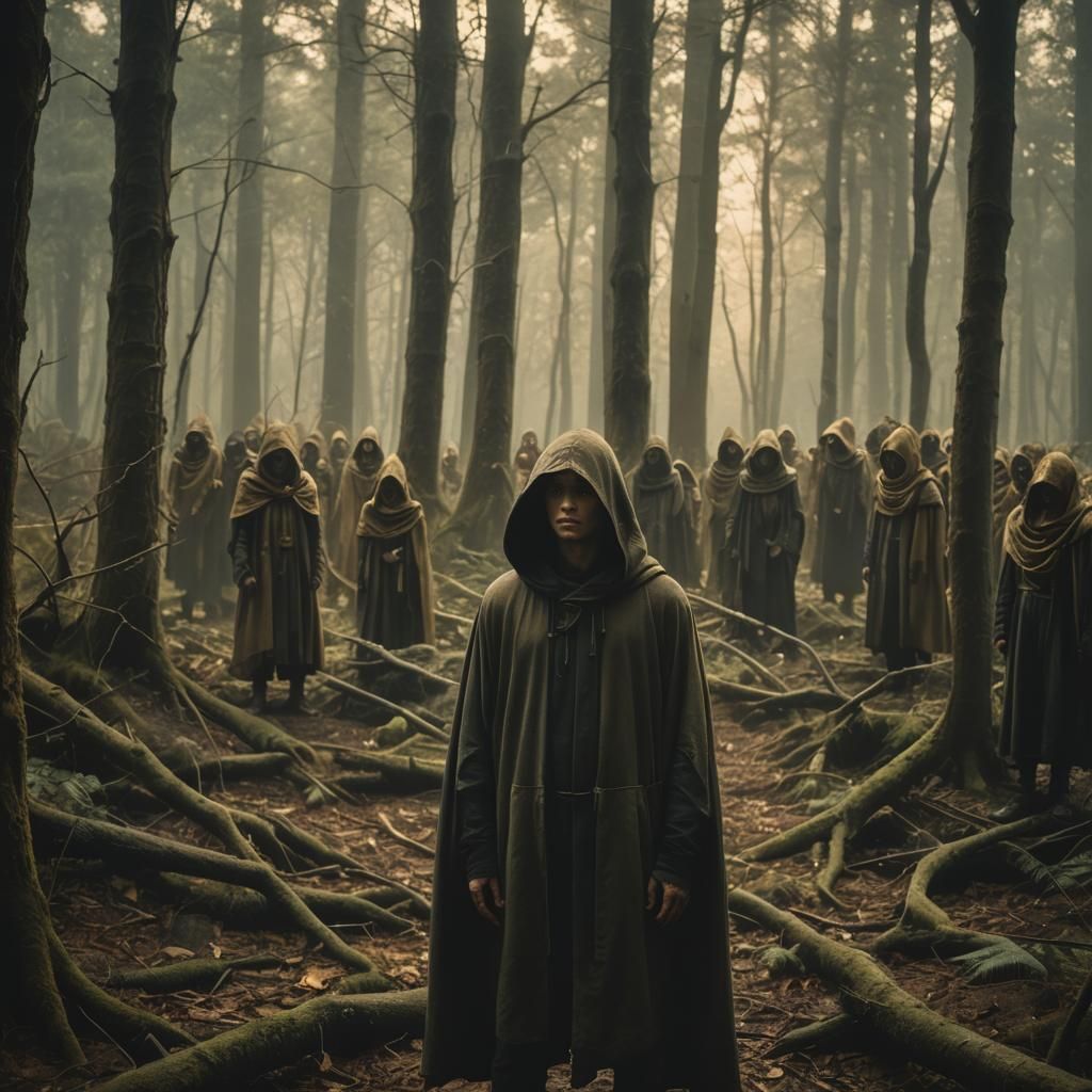 Hooded Immortal in Mystical Forest: Cinematic Film Still