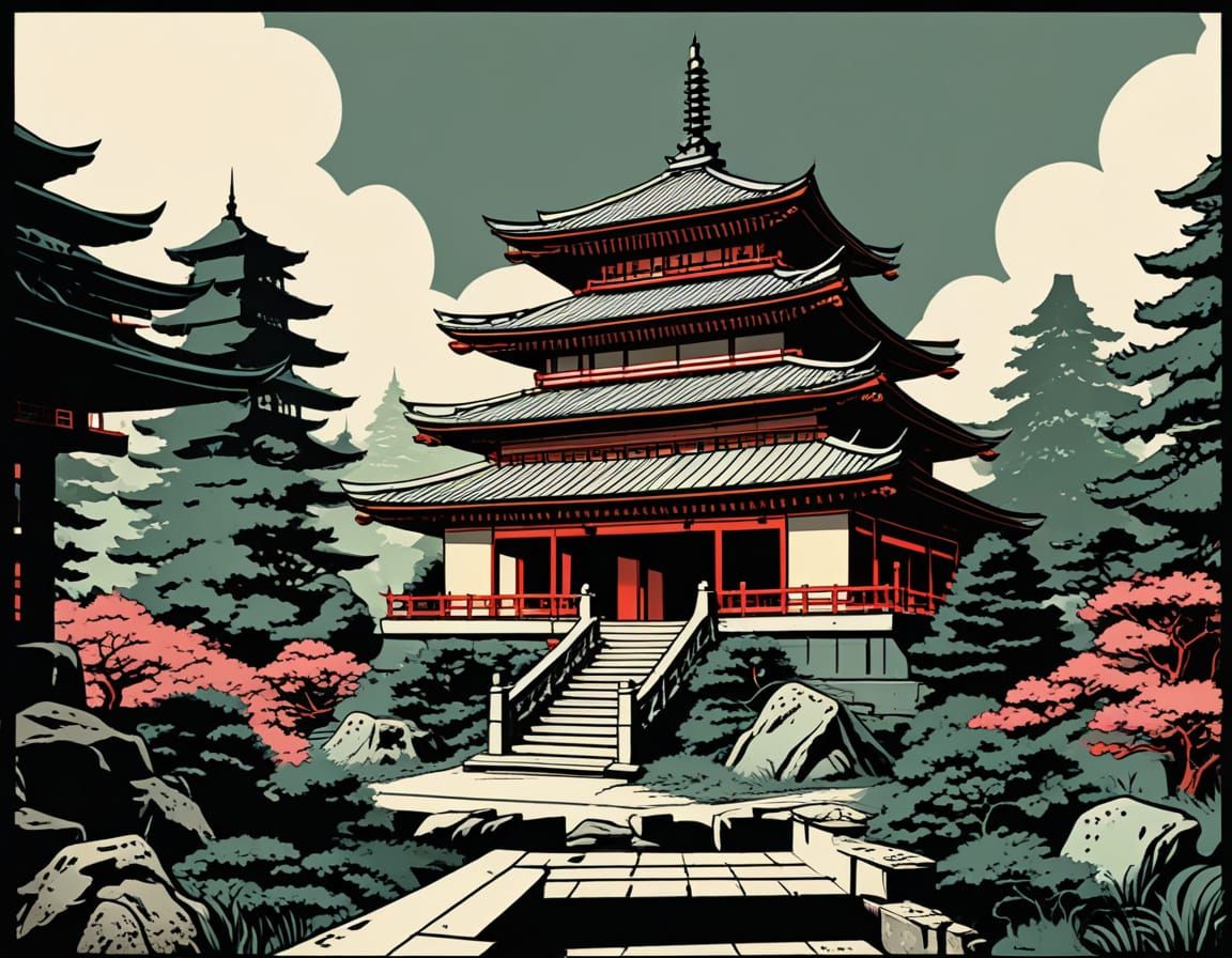 Mysterious Japanese Temple in Retro Comic Style