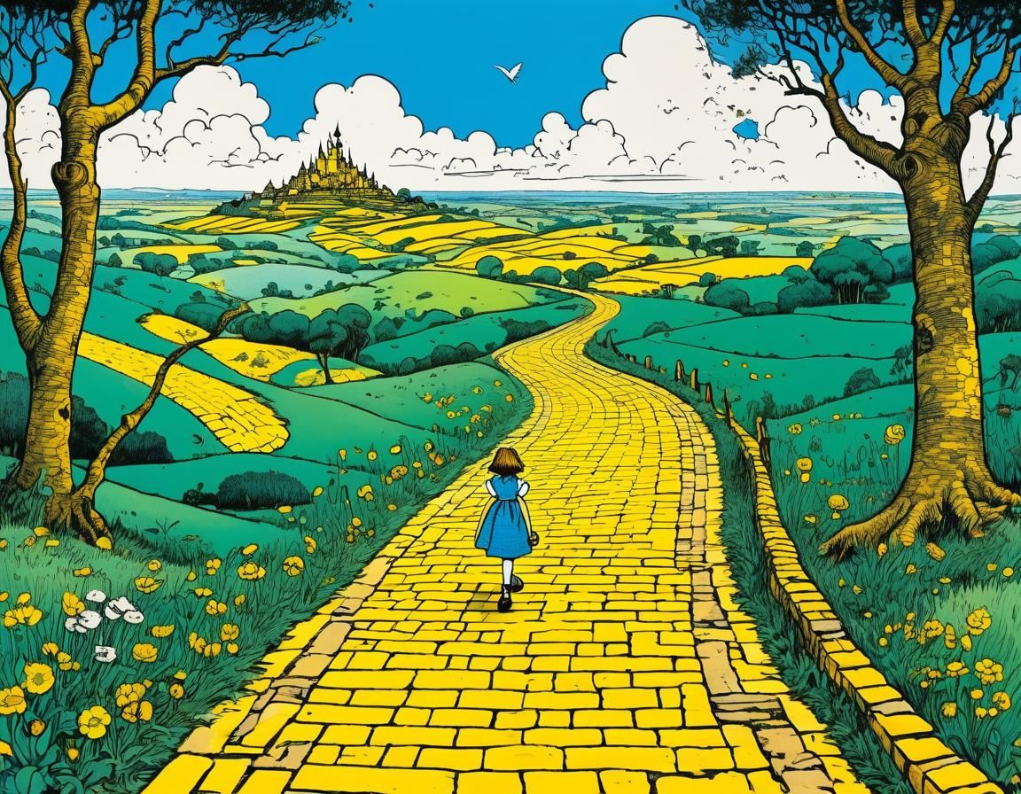 Dorothy on the Yellow Brick Road in Hergé Style
