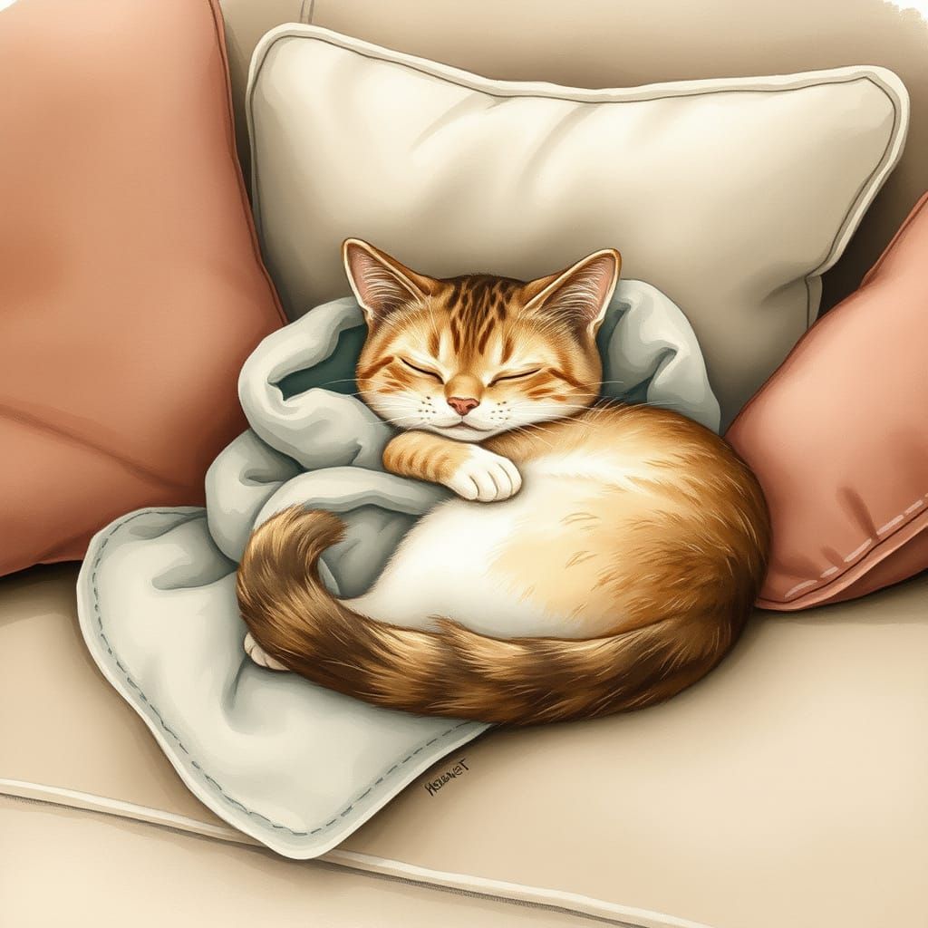 Surreal Watercolour Portrait of a Cozy Cat on a Plush Sofa