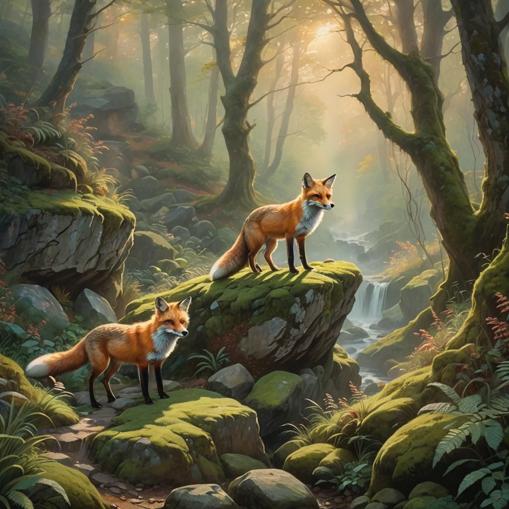 Clever Fox Hiding in Mystical Forest as Oil Painting