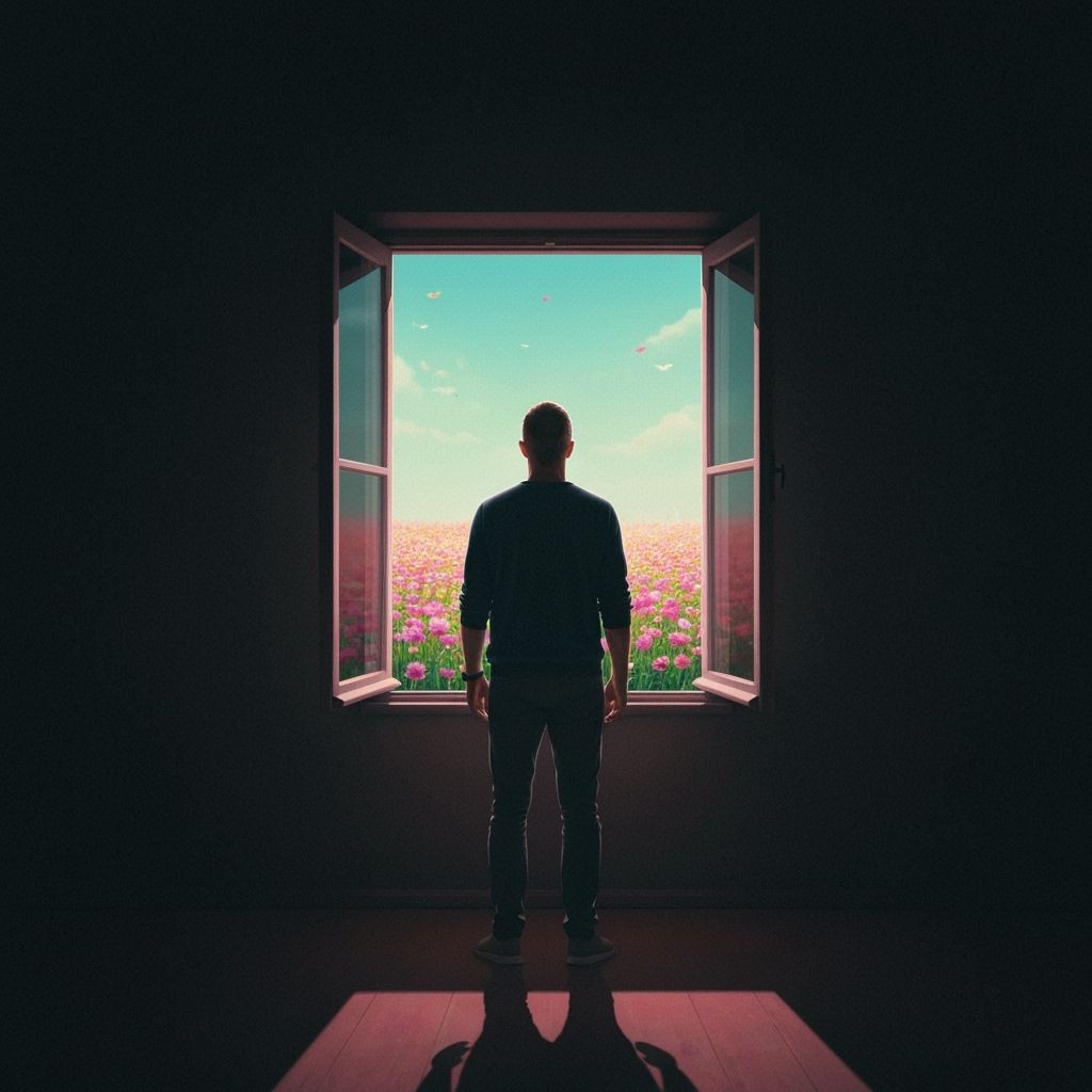 Man in Shadows with Field of Flowers: Moody and Vibrant