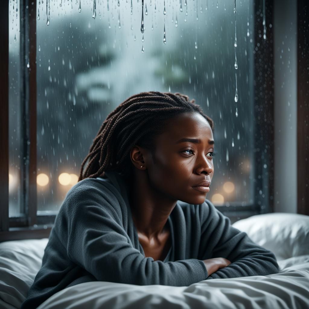 Sad Woman Crying in the Rain: Hyperreal 3D Render