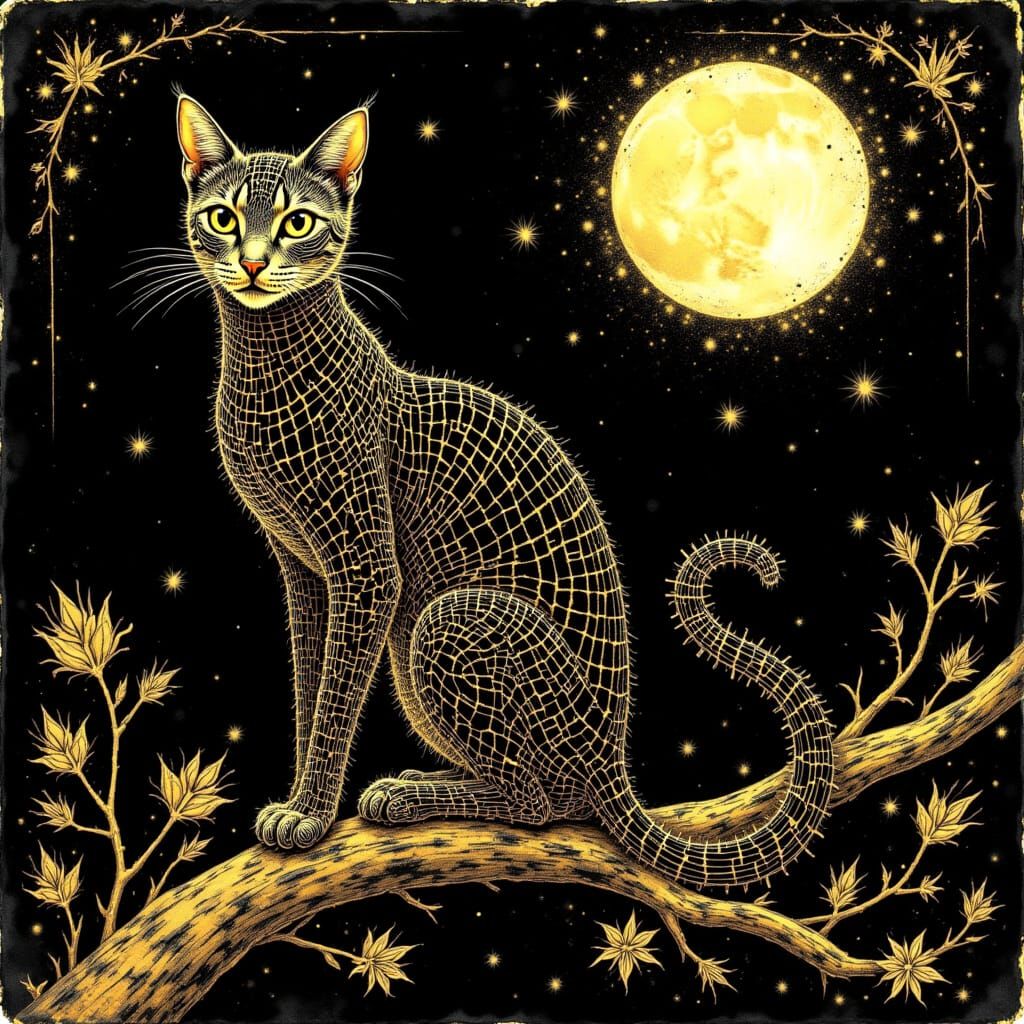 Art Nouveau Feline Made of Spiderwebs
