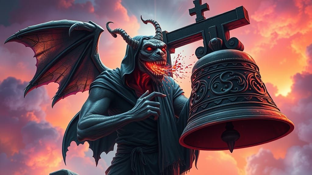 Gargoyle Hit by Church Bell in Biomechanical Style