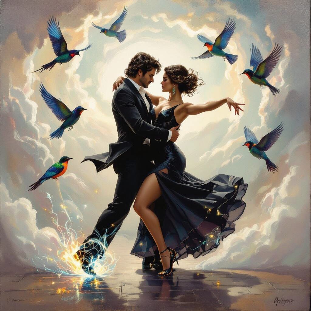 Couple Dancing Tango on Clouds with Glowing Shoes
