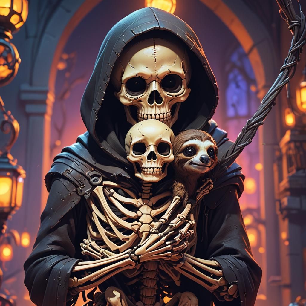Grim Reaper Cradles Sloth: Pixar-Style 3D Art