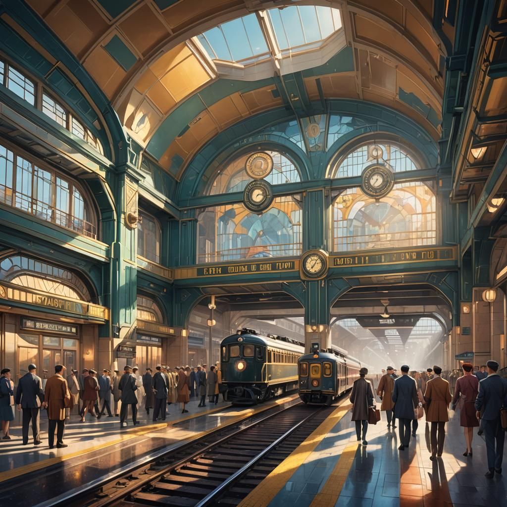 Art Deco Train Station with Passengers in Hyperrealistic Sty...