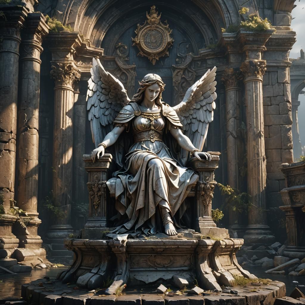 Lonely Angel Marble Statue in Ruined World