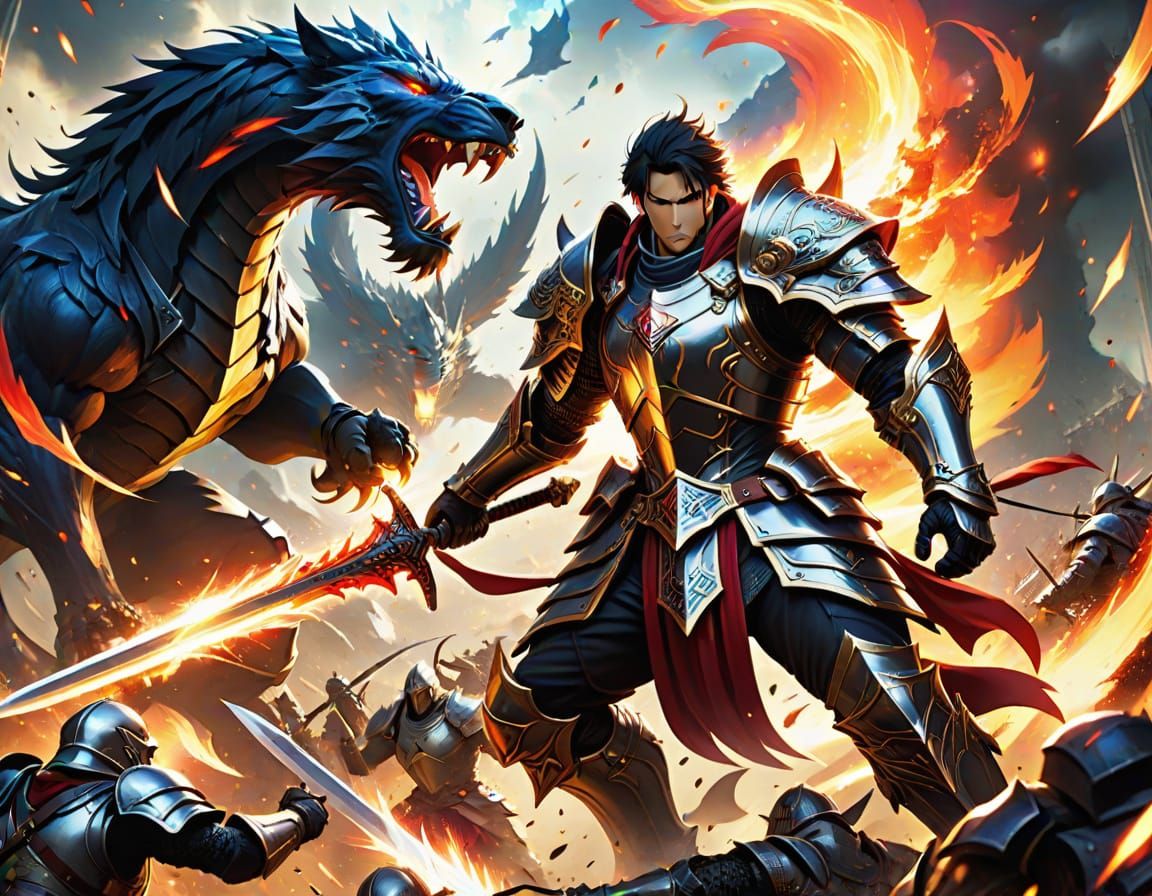 Young Knight Battles Fiery Multi-Headed Beast in Anime Style