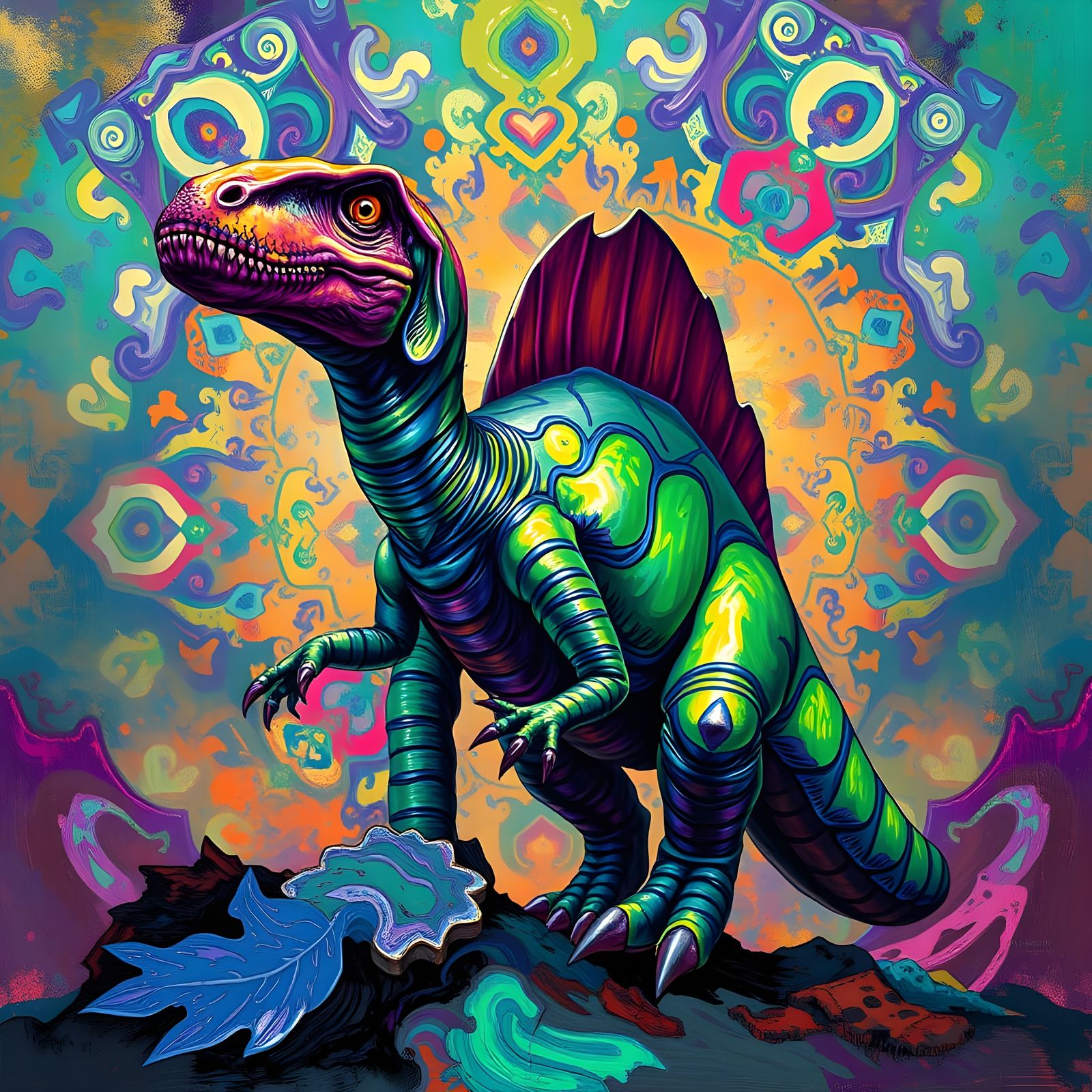Dreamlike Dinosaur in Vibrant, Kaleidoscopic Landscape