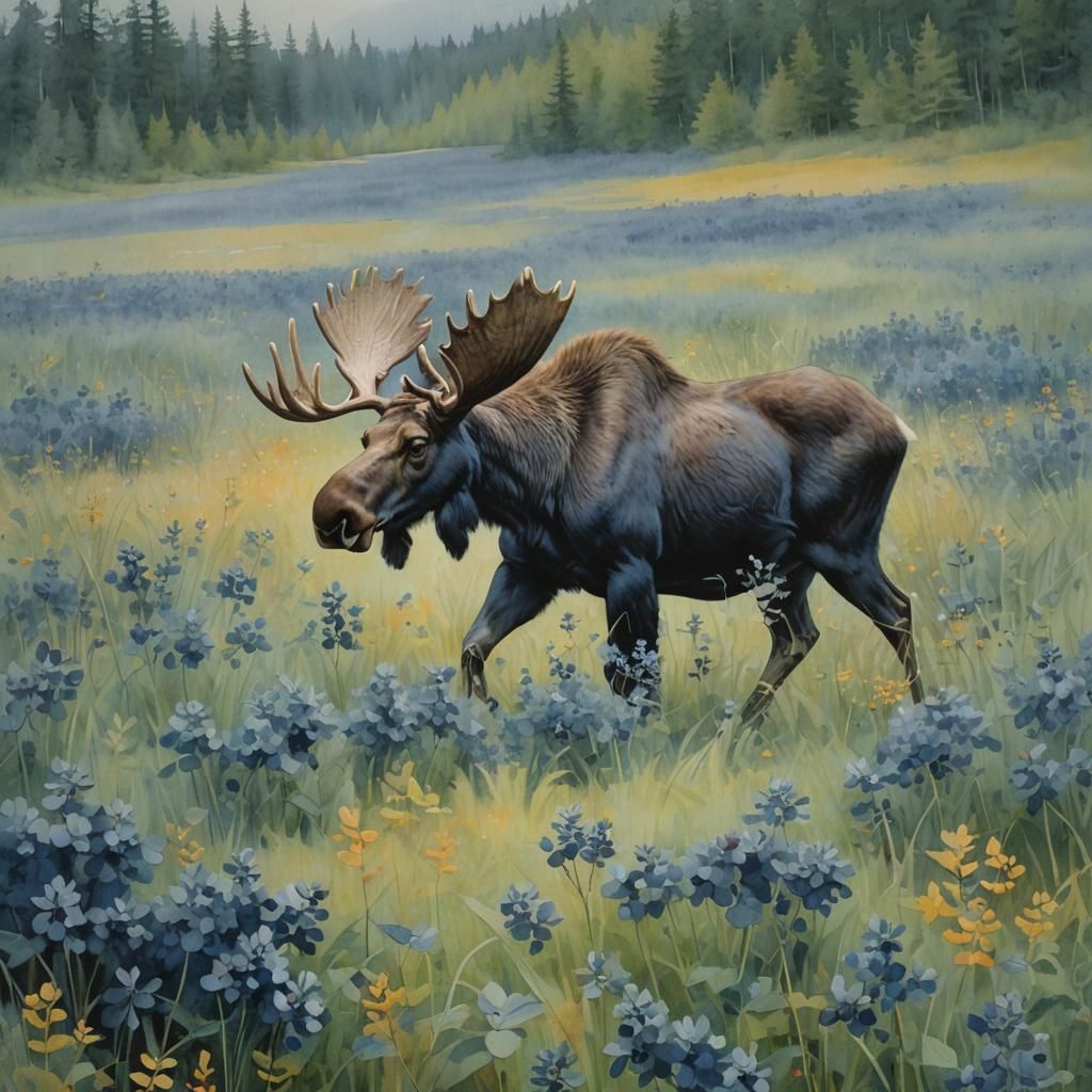 Moose in Blueberry Field: Watercolor Painting