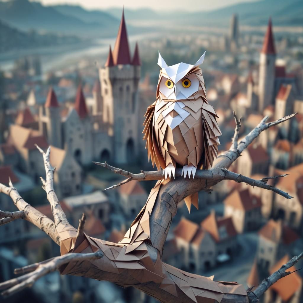 Origami Owl Over Fantasy City, Papercraft Style