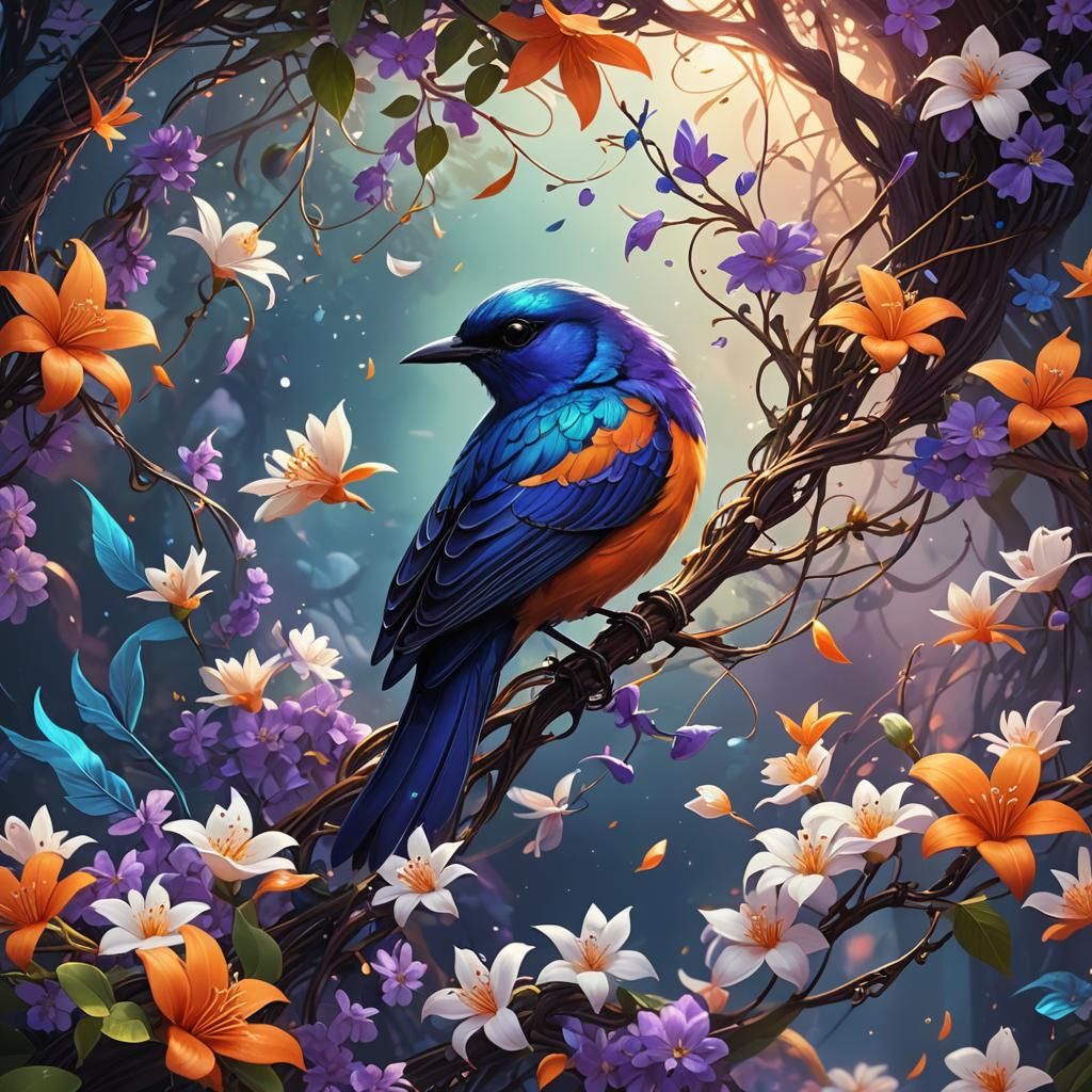 Jasmine Bird in Mystical Floral Scene