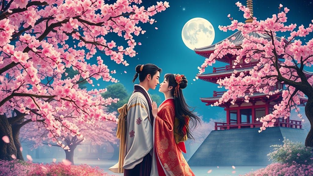Romantic Samurai and Geisha Kiss Under Cherry Blossoms