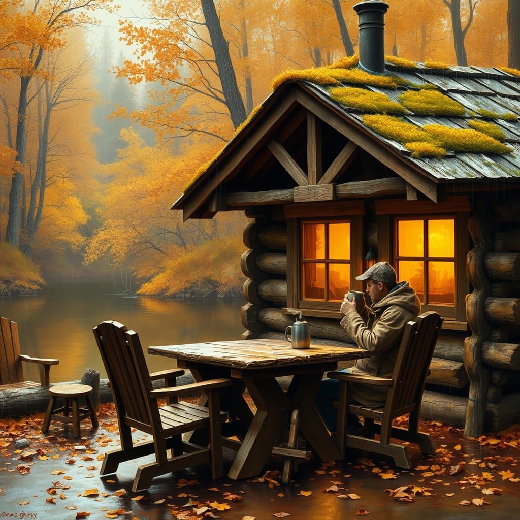 Cozy Autumn Cabin Scene with Gentle Rain