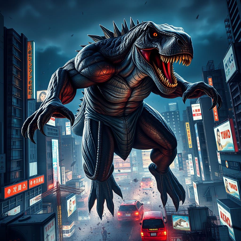 Cyberpunk Beast Unleashes Chaos in Tokyo Cityscape