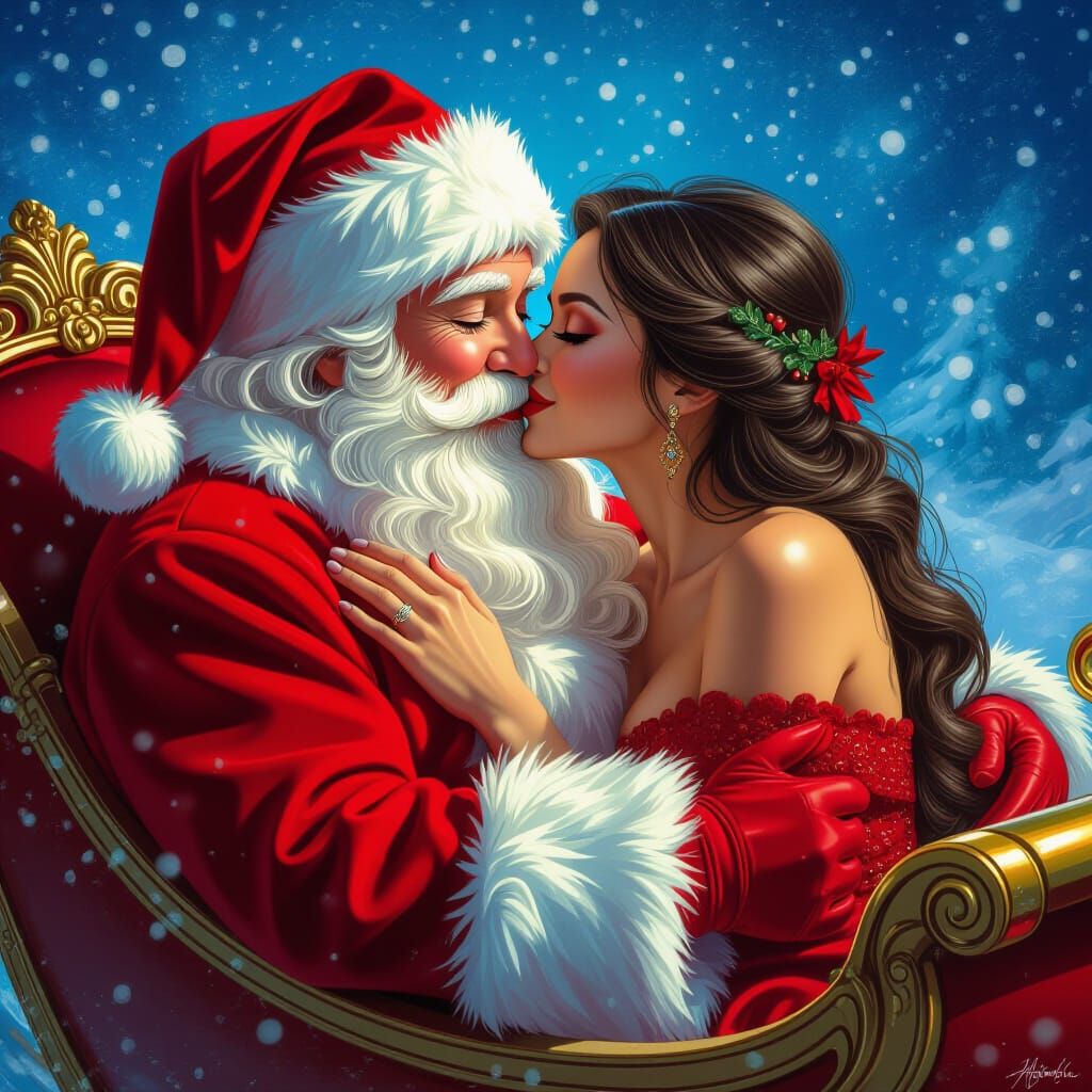 Santa in Sleigh Kissing Woman: Hyperrealistic Art