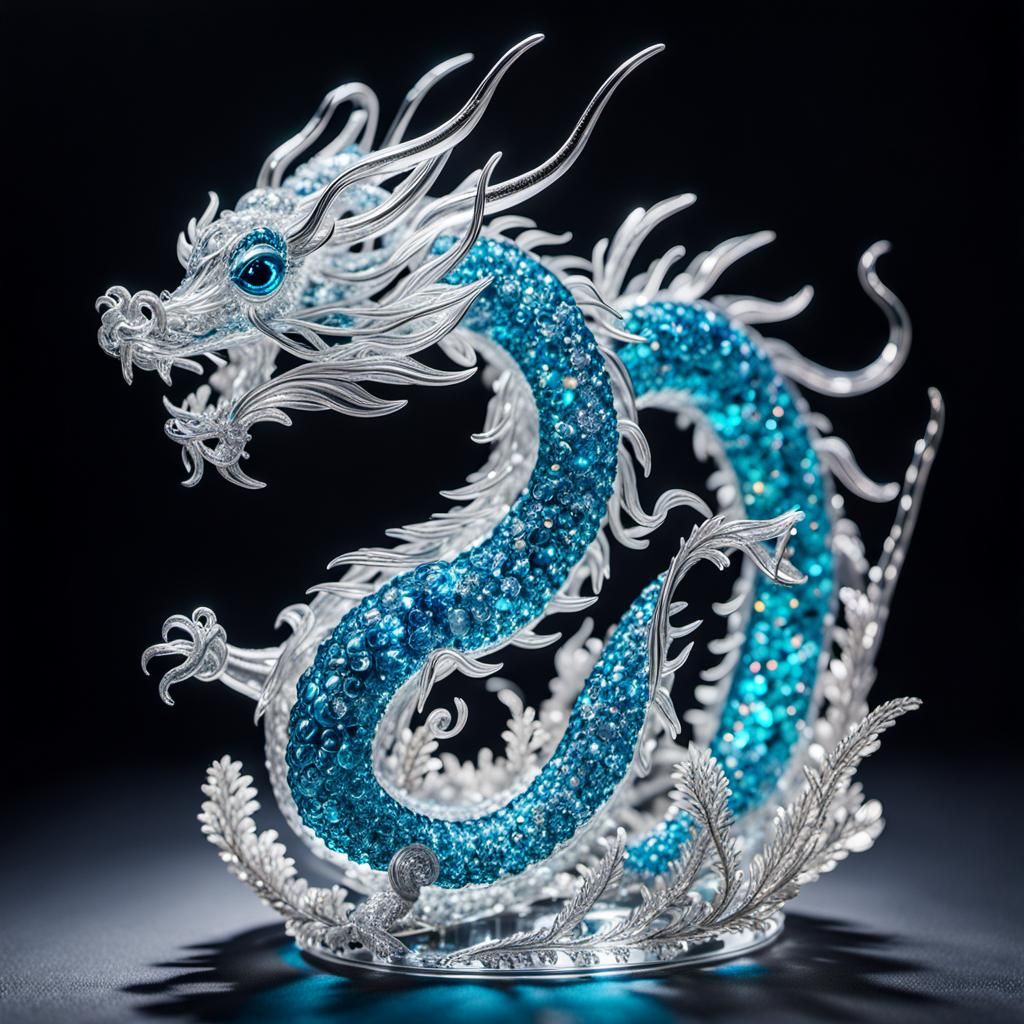Crystal Dragon Sculpture with Bioluminescent Flowers
