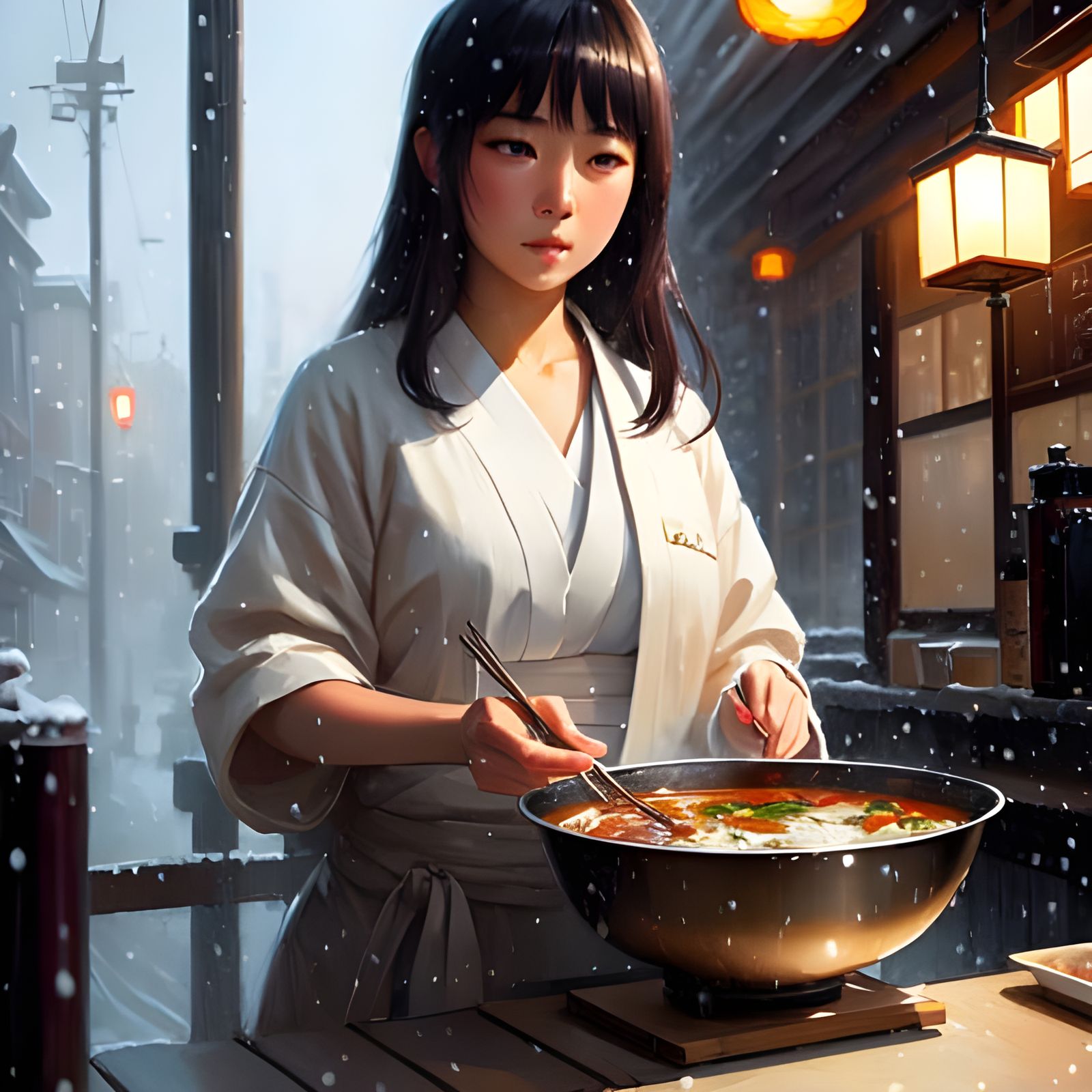 Japanese Ramen Shop in Winter: Digital Art