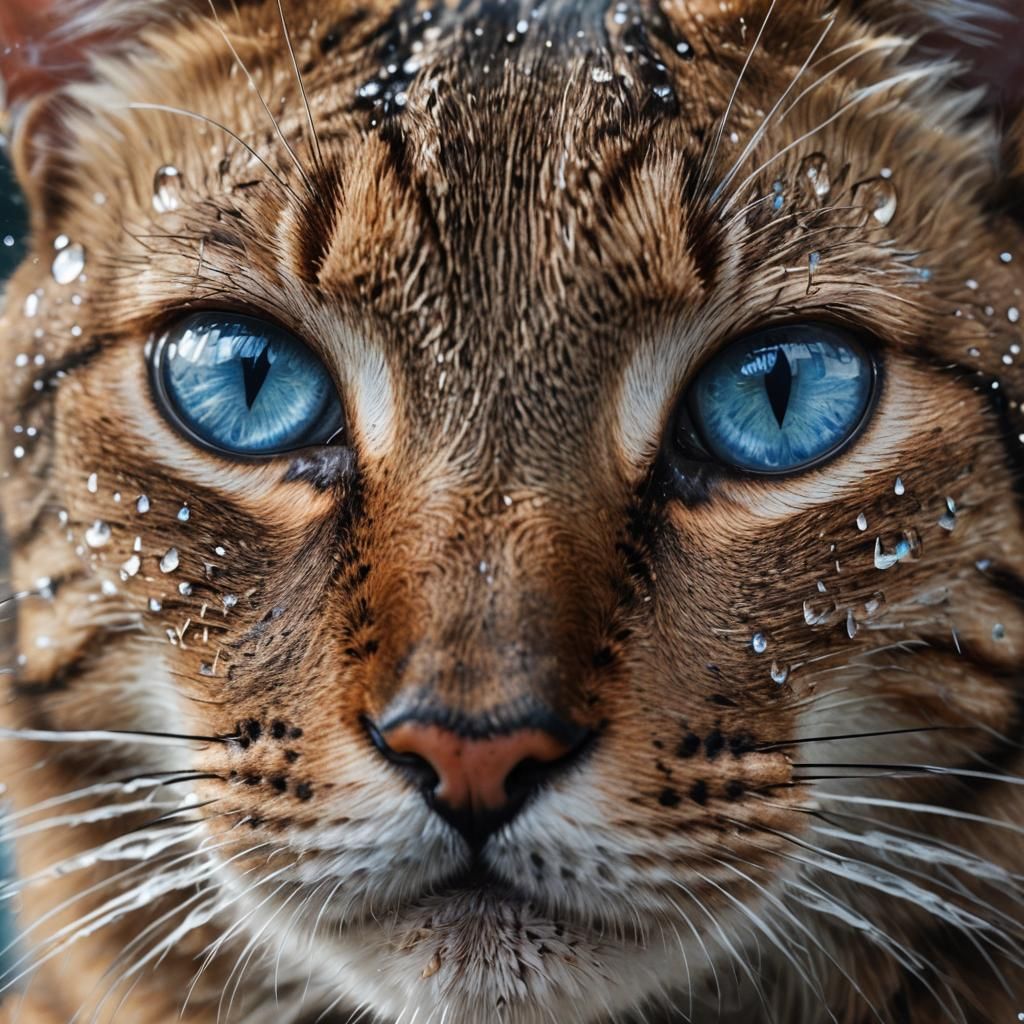 Tabby Cat in Rain: Hyper-Realistic Macro Photography