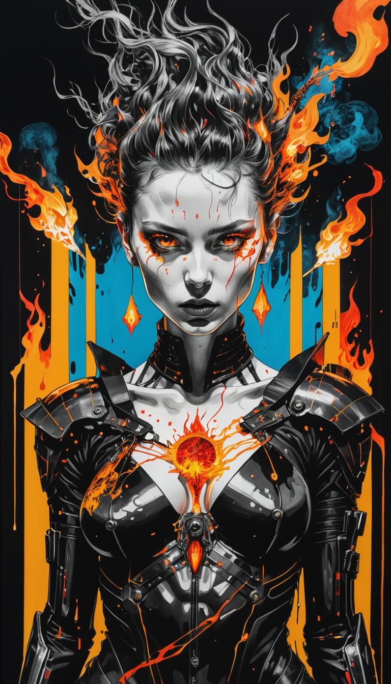 Flame Goddess in Black and White Ink