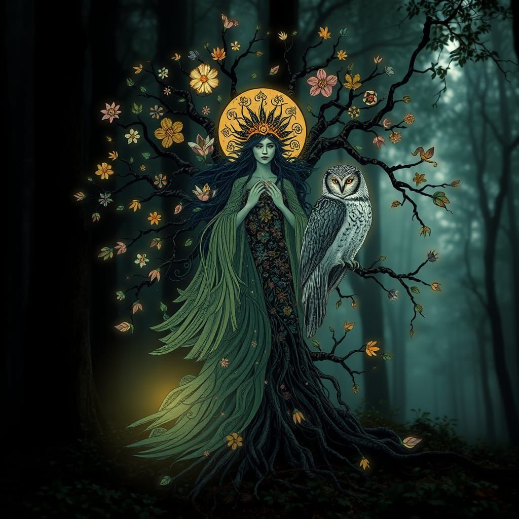 Triple-Formed Goddess Rises from Dark Forest Floor in Whimsi...