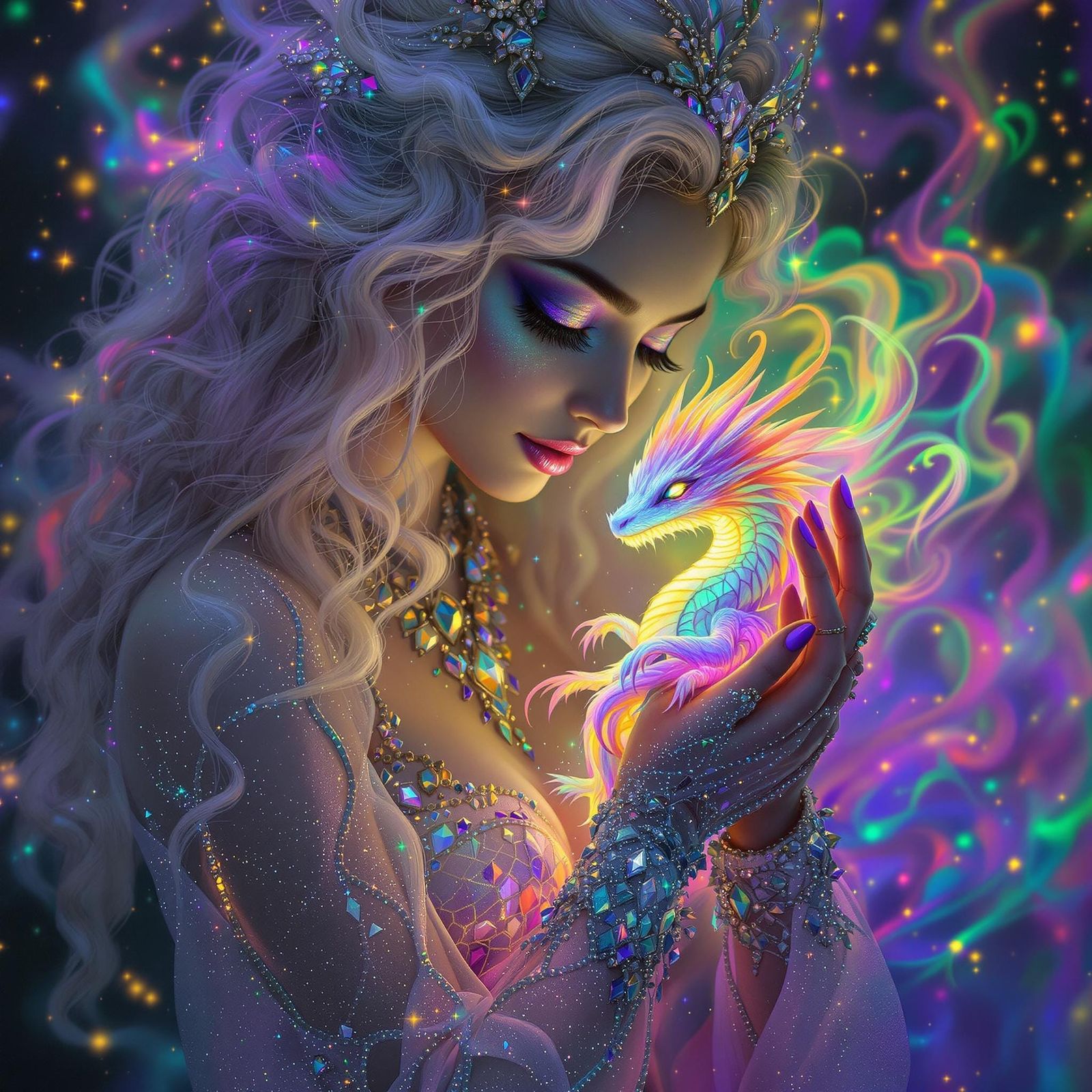 Surreal Goddess Cradles Glowing Rainbow Dragon in Sparkling,...