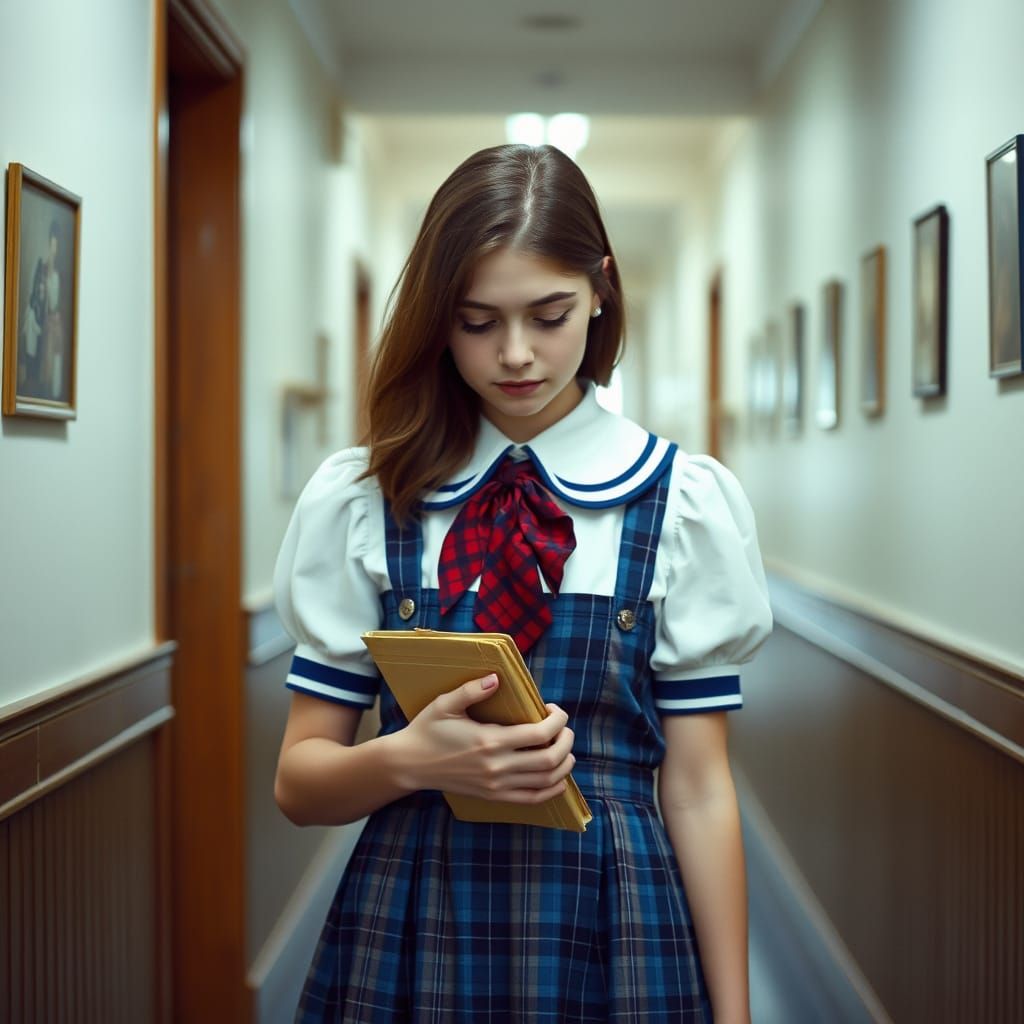 Melancholic Lena in School Hallway: Cinematic Film Still