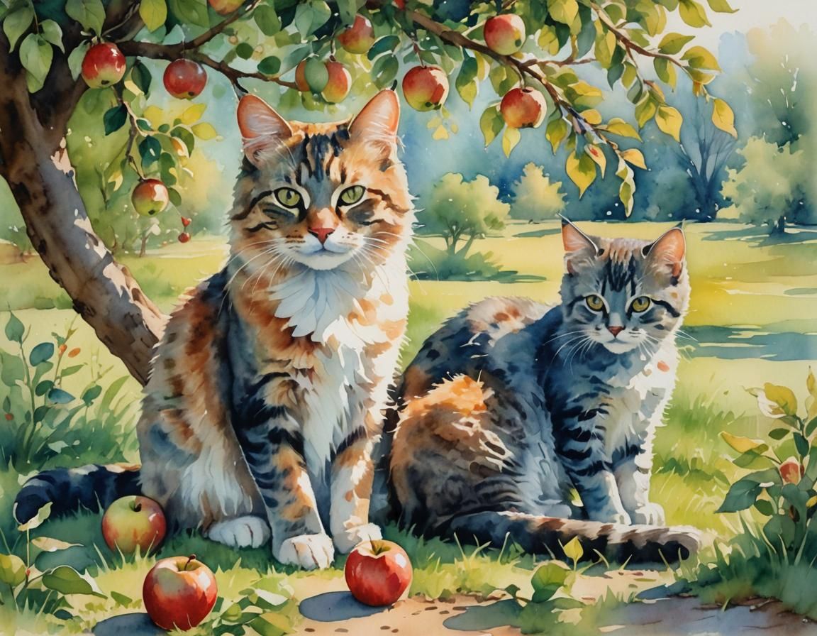 Watercolor Kitten and Cat Relaxing Under Apple Tree