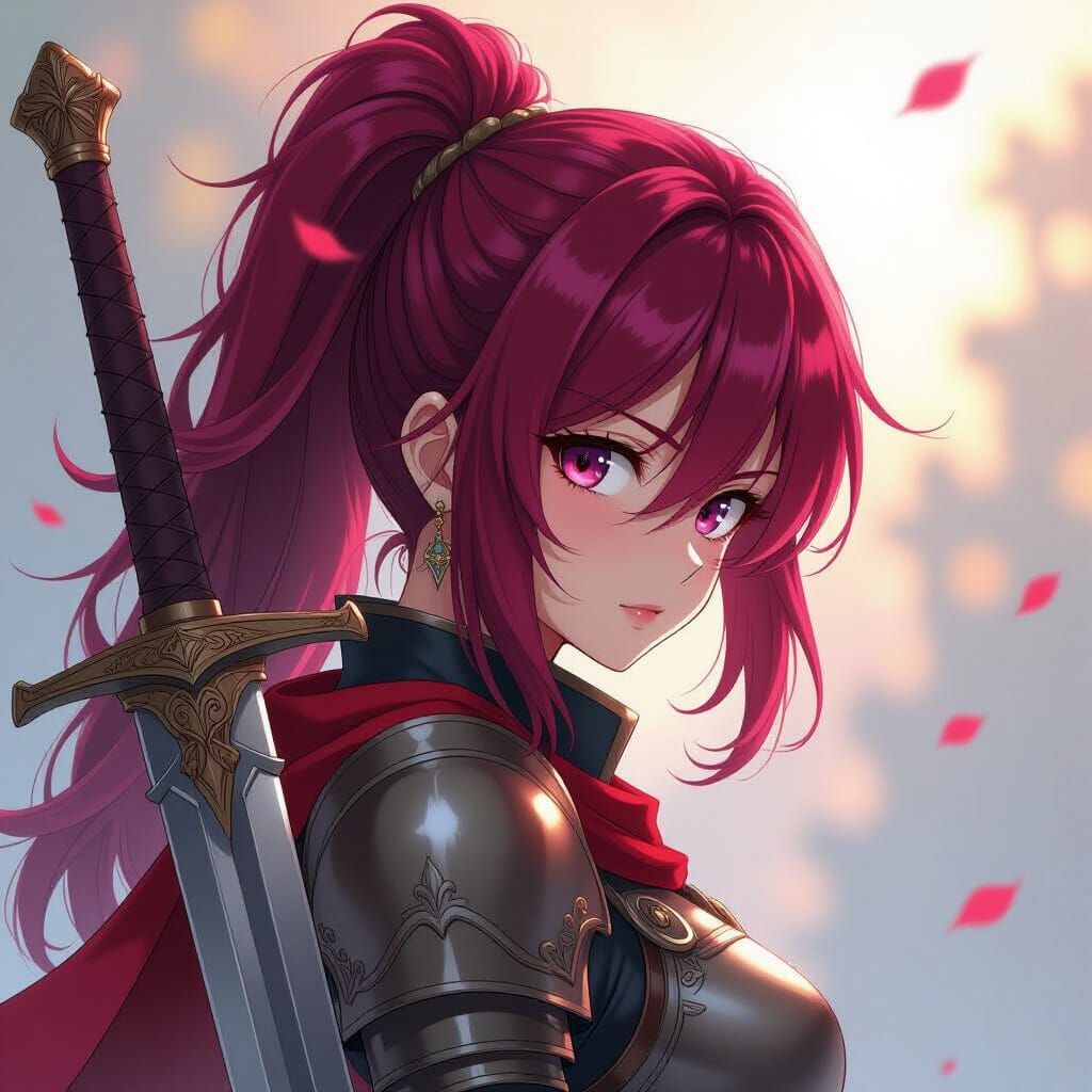 Anime Knight Girl with Burgundy Feathered Hair and Greatswor...
