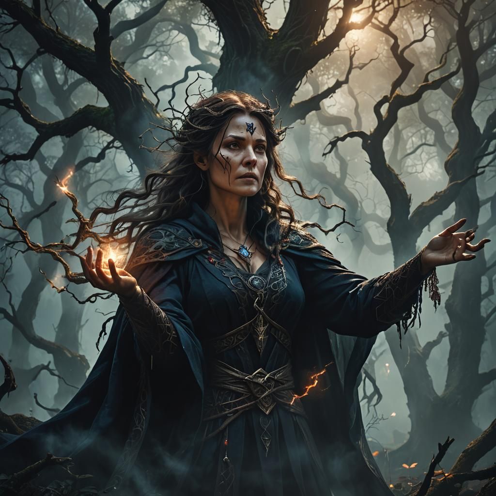 Evil Sorceress Casting Spell in Dark Forest