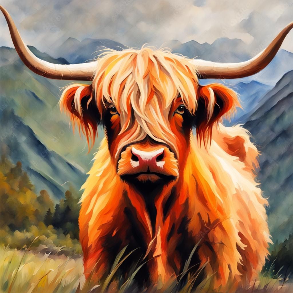 Highland Cow in Gouache Style Impressionist Painting