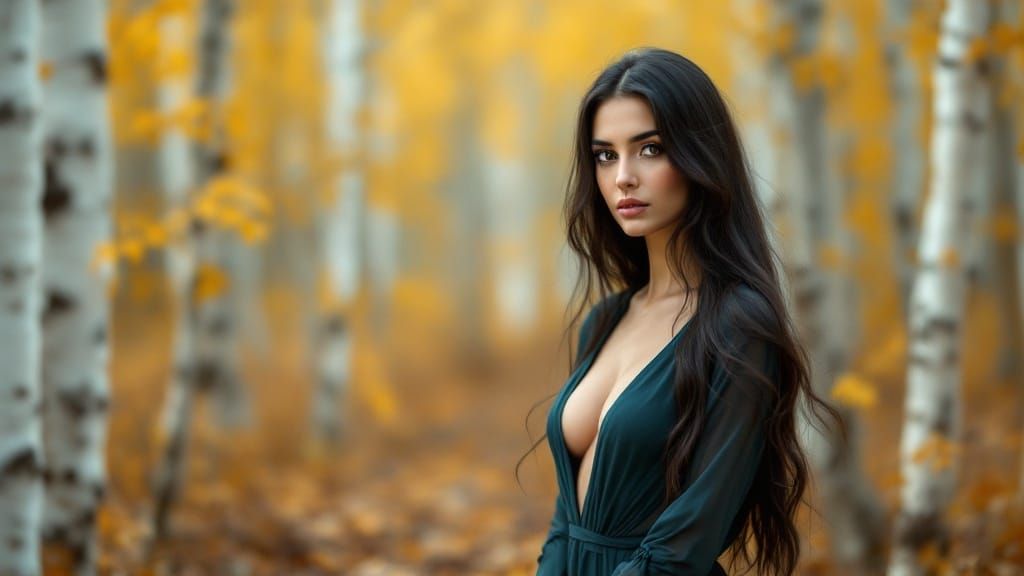 Woman in Teal Dress in Dreamy Autumn Forest