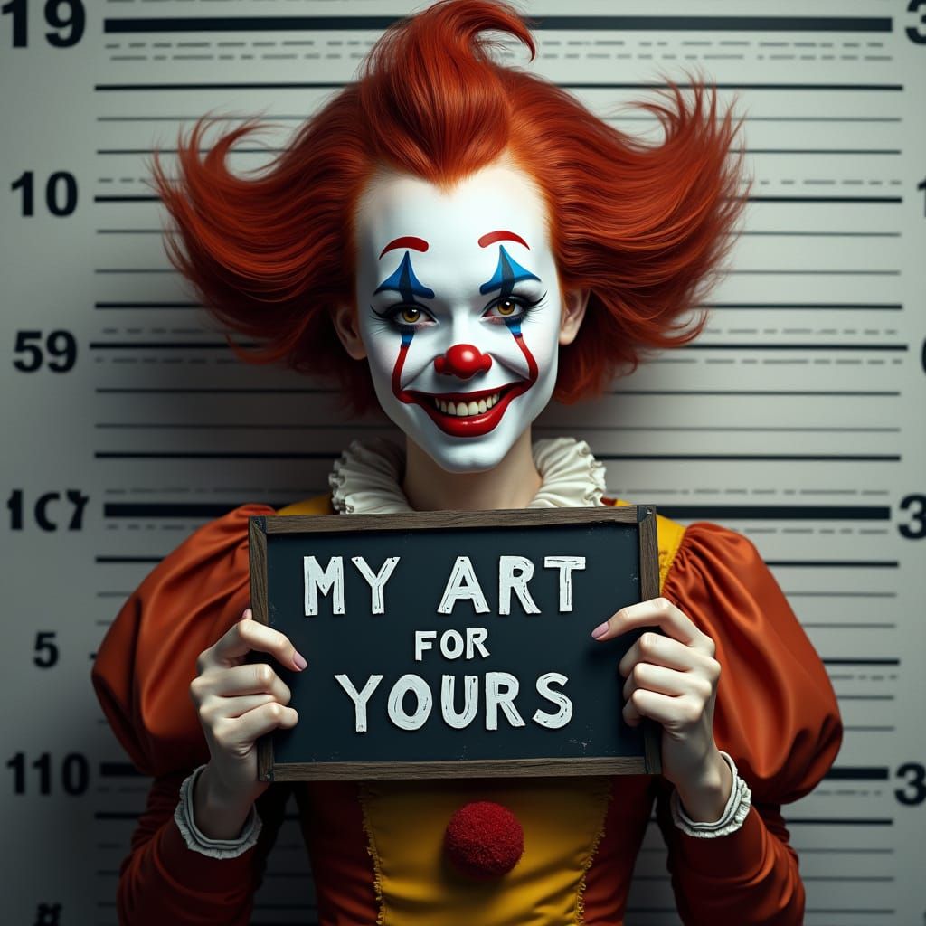 Elegant Clown Mugshot in Photorealistic Style