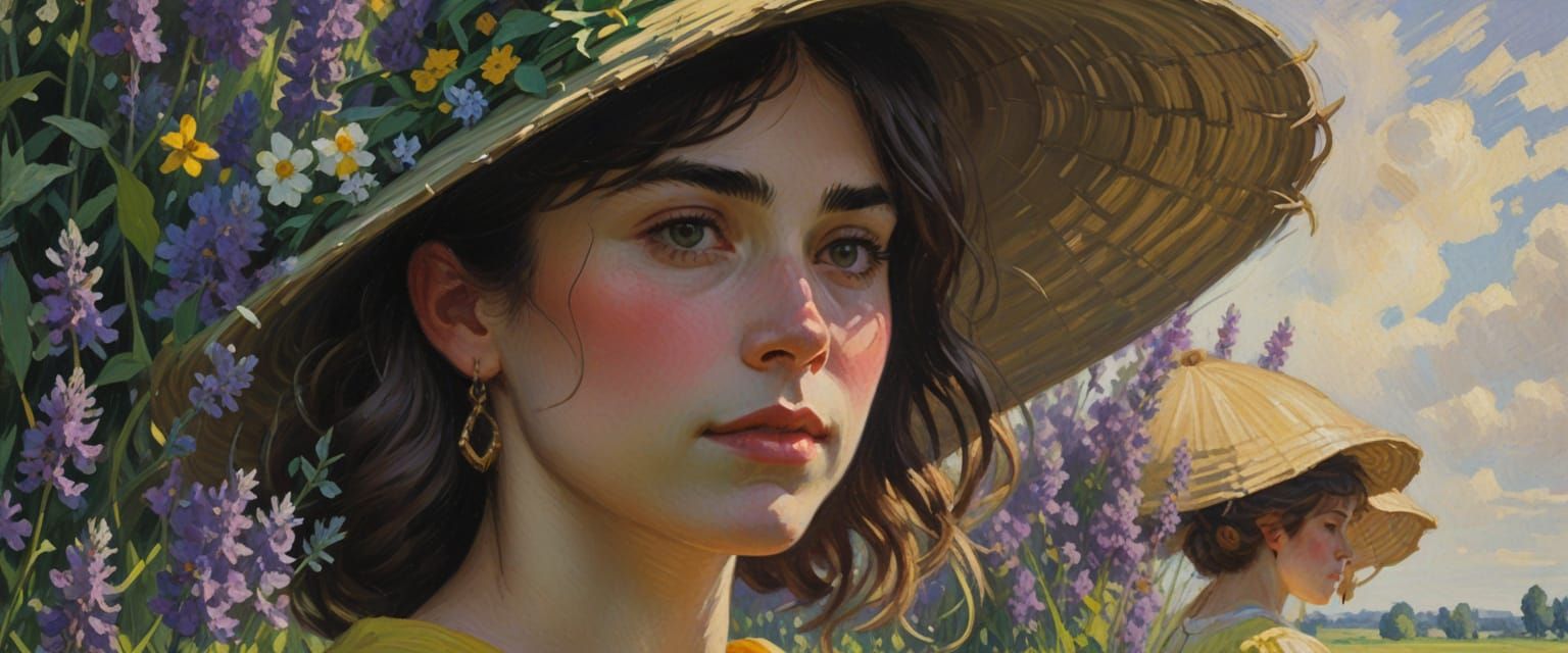 Vibrant Young Woman in a Lush Green Meadow with Purple Wildf...